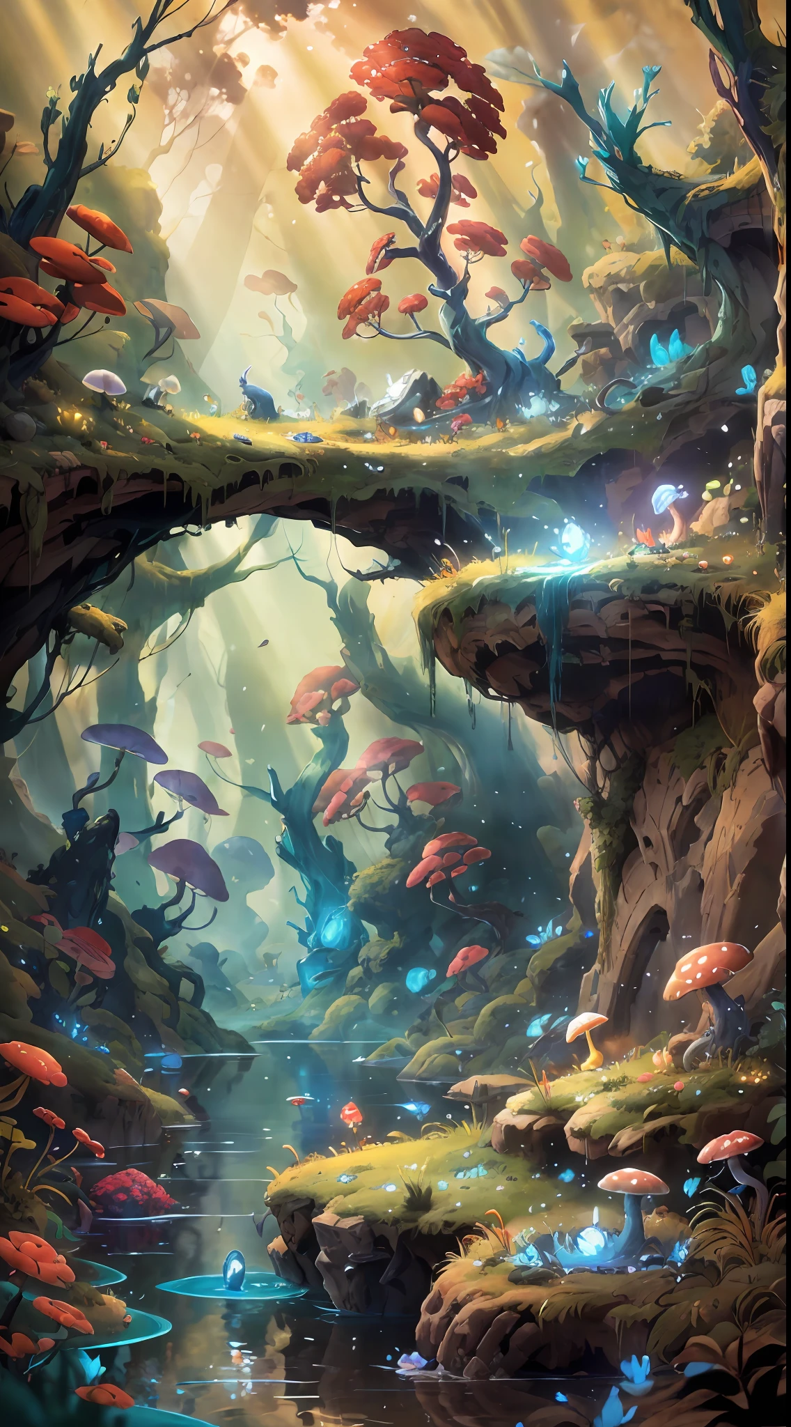 by Pino Daeni, by Ruan Jia, by Alayna Lemmer, by Carlo Galli Bibiena, spiritual tree, twilight ray, golden light, starry, forest with water and rock and bright mushroom, (Ori and the Blind Forest), (Ori and the Will of the Wisps), 2D game, digital art, realistic proportions, sharp focus, (HDR), (8k), (gigapixel), ((masterpiece))