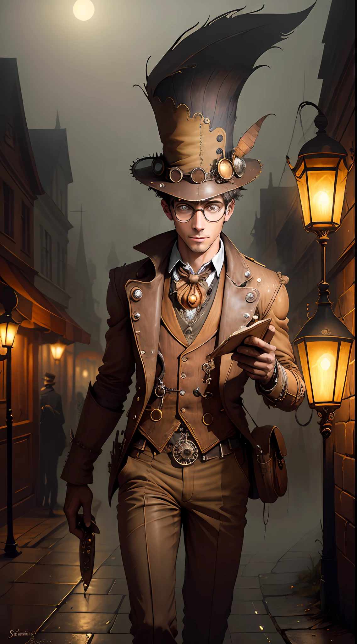 steampunkai, a curious young man in old-fashioned reading glasses, in a steampunk-style hat, walking down a misty, foggy, rainy night in an ancient city street.