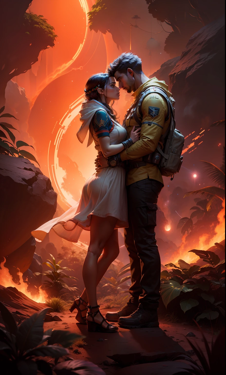 a vibrant cinematic photo of a man and female adventure in the jungle,octane rendar, high quality star sailor woman hyperdetailed space transport, dark forbidding planet system 24k photorealistic