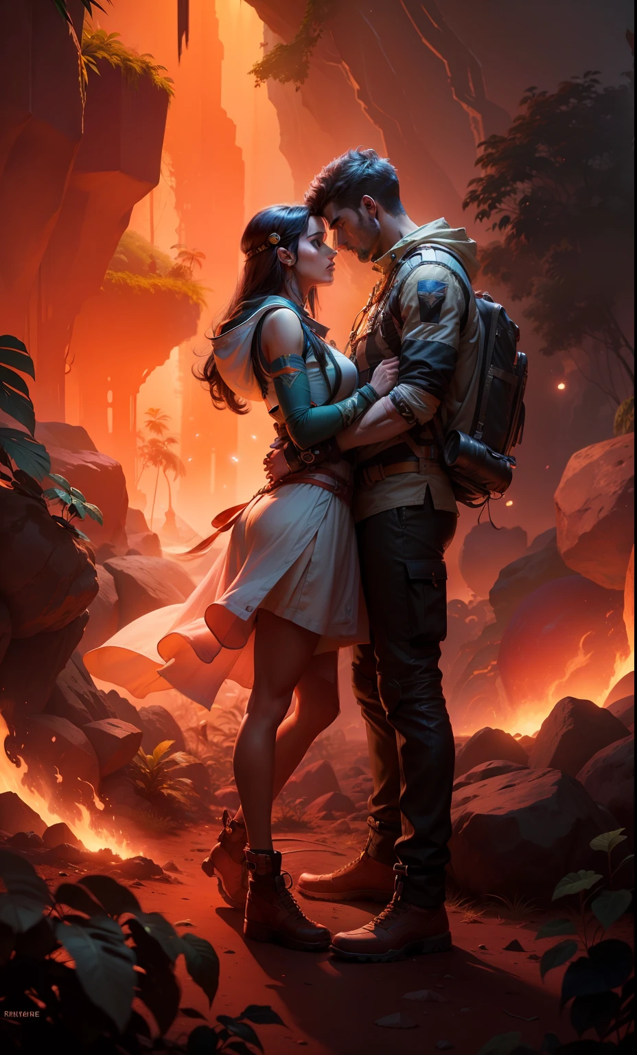 a vibrant cinematic photo of a man and female adventure in the jungle,octane rendar, high quality star sailor woman hyperdetailed space transport, dark forbidding planet system 24k photorealistic