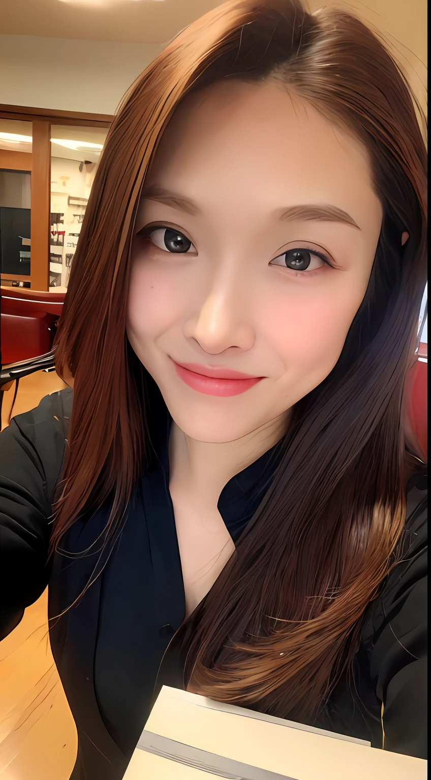 (masterpiece best quality:1.1), 1girl,copper hair, amber eyes, long hair, blunt bangs hair, Sienna Sweater dress, knee-high boots, depressed, selfie, sitting, smile, solo focus,, embarrassed, reaching towards viewer, public indecency, public nudity BREAK, (pov across table:1.4), (one breast out:1.4, ),,breasts, looking at viewer, BREAK, slender, kawaii, perfect symmetrical face, ultra cute girl, ultra cute face, ultra detailed eyes, ultra detailed hair, ultra cute, ultra beautiful, by Canon EOS, SIGMA Art Lens 35mm F1.4, ISO 200 Shutter Speed 2000, indoors, in cafe, food, ultra detailed background, (medium drop breasts:1.0), looking at viewer, ulzzang-6500-v1.1