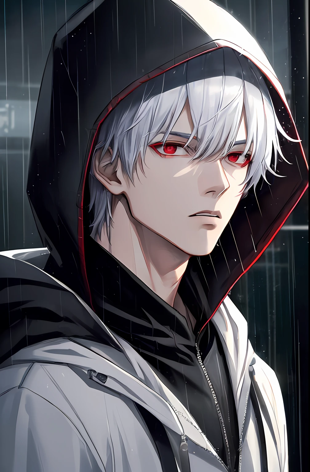 kk, best quality, more details, masterpiece, 1boy, kaneki ken, portrait, male focus, red eyes, solo, bangs, looking at viewer, hood, short hair, rain, tokyo tokyo \(city\),  hood up, nail polish, white hair, luxurious, 8k, detailed, ray tracing, depth of field, cinematic lighting,