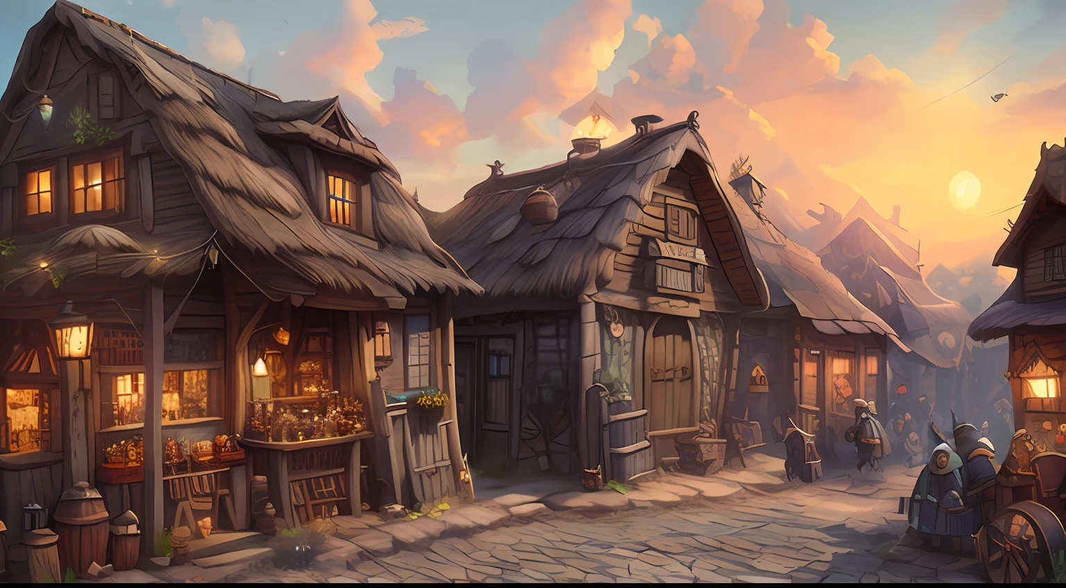 There are many small wooden buildings with thatched roofs on the street, fantasy tavern background, tavern background, fantasy town setting, medeival fantasy town, detailed game art illustration, town background, background artwork, Fantasy Town, Stylized urban fantasy artwork, villages ， illusory engine, a multidimensional cozy tavern, Stylized concept art, Medieval town, medieval village