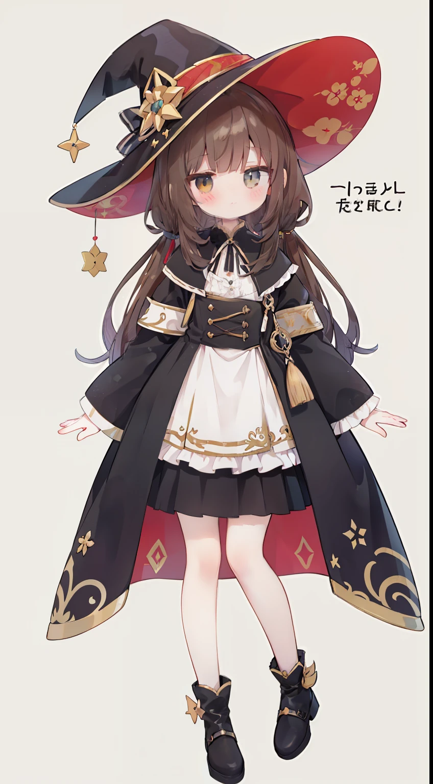 Jitome、Standing picture、full body Esbian、One girl、Brown hair、Only the transverse hair is long、（（（（Medium hair）））））、​masterpiece、Top image quality、top-quality、cute little、witch outfit、witch's hat、Straight face、Lifeless eyes、Sigh