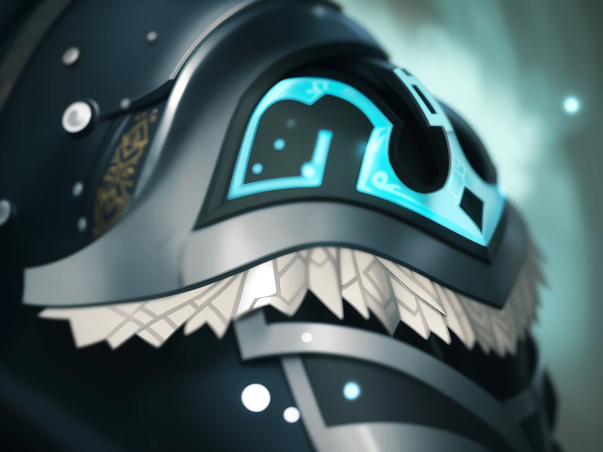 It has a close-up of shoulder armor in a blue and black design, Close-up of the shoulder part of the metal armor,The background has a silvery-white magic glow,The interface between the shoulder armor and the arm part has a hairy silk product, Exquisite armor details, photogenic details on armor