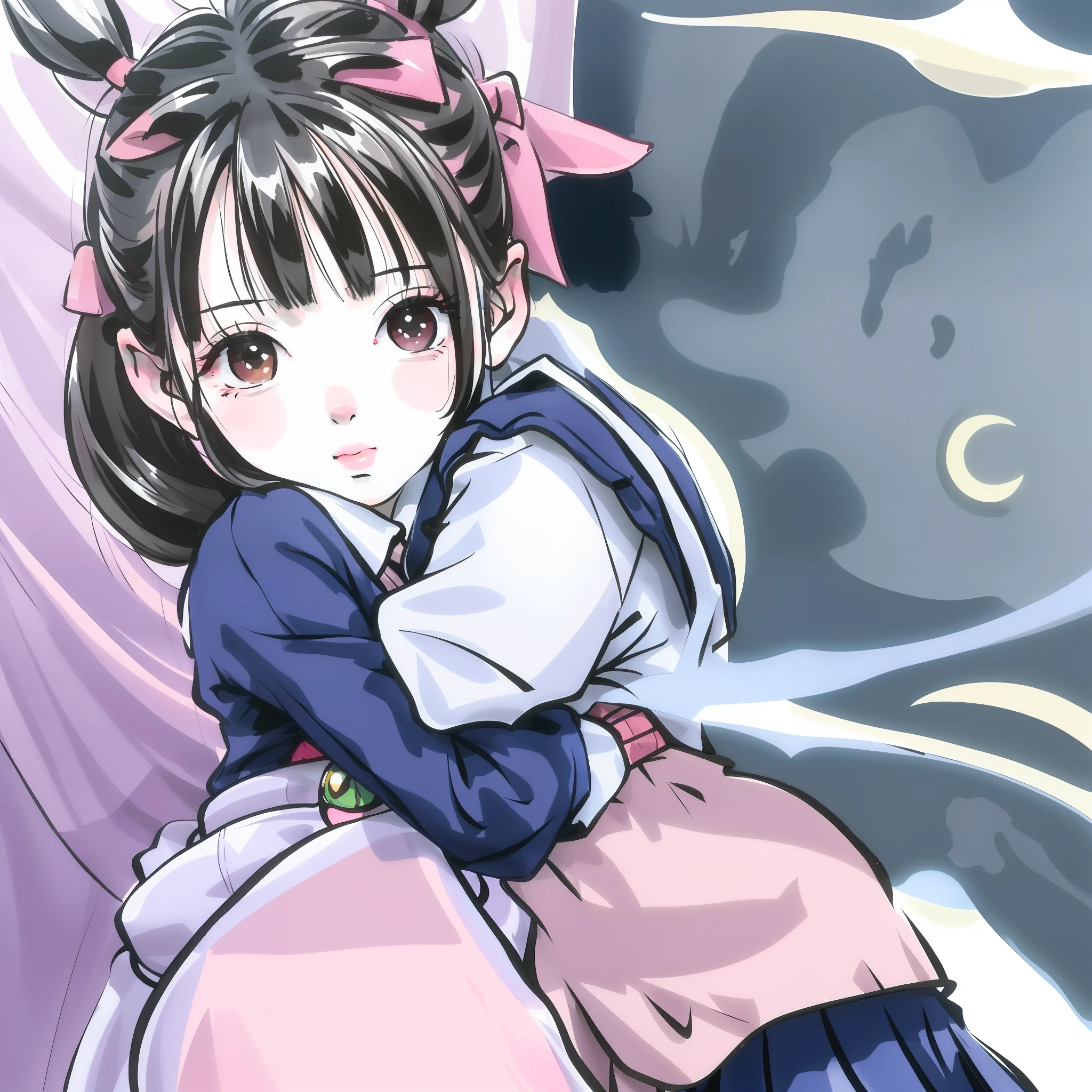 Girl with double ponytail, big eyes, bow hair ornament on face, wearing bubble skirt, hugging bear, bright background, pink bunny curtains