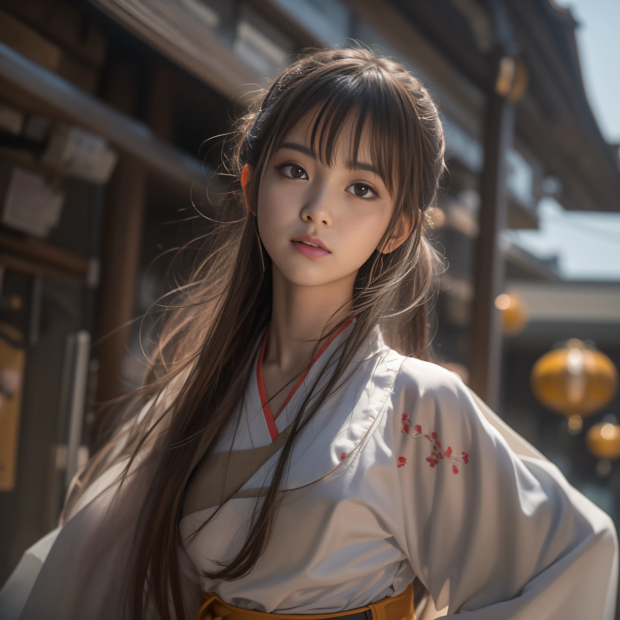 16k, RAW photo, Top quality，A half body，Lateral face，Look up at the perspective, Masterpiece（hyper HD）brunette color hair，15-year-old Hanfu girl，Uniform skirts，Crocodile leather boxing holster，Coarse linen cape，Soft lips，Glossy lips，The girl has fair and tender skin，Soft hair like slippery silk，Sparkling，Almost reluctant to look away。But you know，She wears a sun dress！Imagine that，She just wore a nightdress to go shopping in the bustling Sanlitun，One can't help but want to take a closer look。Take a closer look, desi，Her nightdress is quite fashionable，The skirt flutters in the wind，It's like adding a touch of energy to the whole street，[Wild anime] Hypnotic cool tsundere sister、An anime，Get your spot with cowgirls，Makes you tremble and vulgar，Lip zoom camera，head portrait，Head down and sleepy-eyed，looking at the viewer only"， best qualtiy， hyper HD， （realisticlying：1.4），， A high resolution， the detail， RAW photogr， Sharp Re， Nikon D850 Film Stock Photo by Jefferies Lee 4 Kodak Portra 400 Camera F1.6 shots, Rich colors, ultra-realistic vivid textures, Dramatic lighting, Unreal Engine Art Station Trend, cinestir 800，