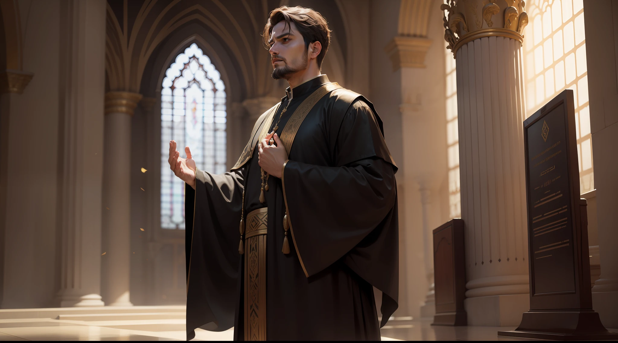 A Pharisee standing in a confident pose, praying loudly and ostentatiously.