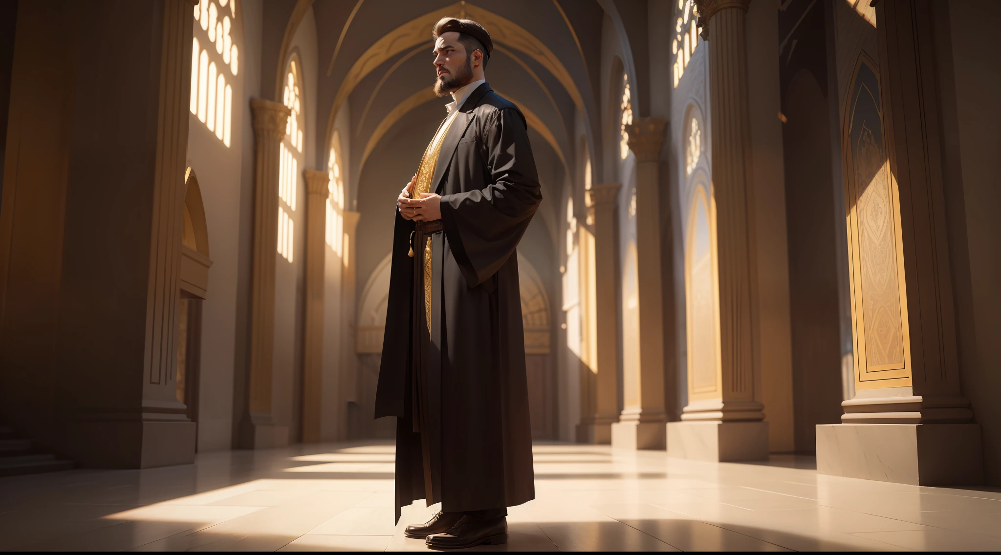A Pharisee standing in a confident pose, praying loudly and ostentatiously.