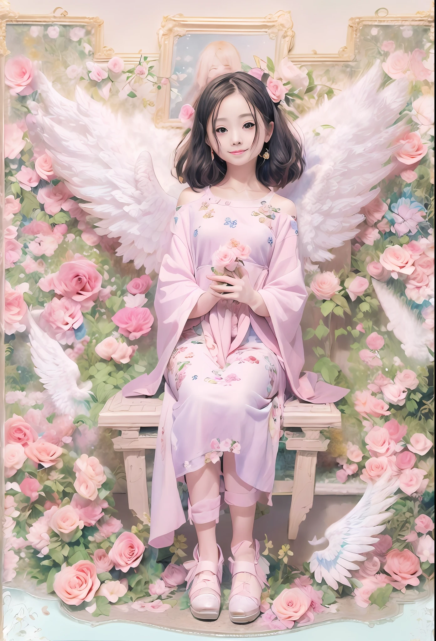 kawaii、Pale pink color illustration、(Angel wings、😇、a smile、😌🥰Archaic Smile).hyper realstic、Ultra-realistic、Depiction of the human body without distortion、Monna Lisa、Woman in the Arms、Near and far law、Three-dimensional、Contemporary painting、moderno、world masterpiece、collection、Homage to the art or artist work of Picasso and Renoir, Not sentimental、Excellent portrayal、Gentle expression、More detailed character faces, Serious competition、Compositions like paintings、(Konmutsuki_Gacha_Series 1, punk_rosette), Realistic、Delicate brushwork、aqua color flowers, (Full body, elegant flowers background)