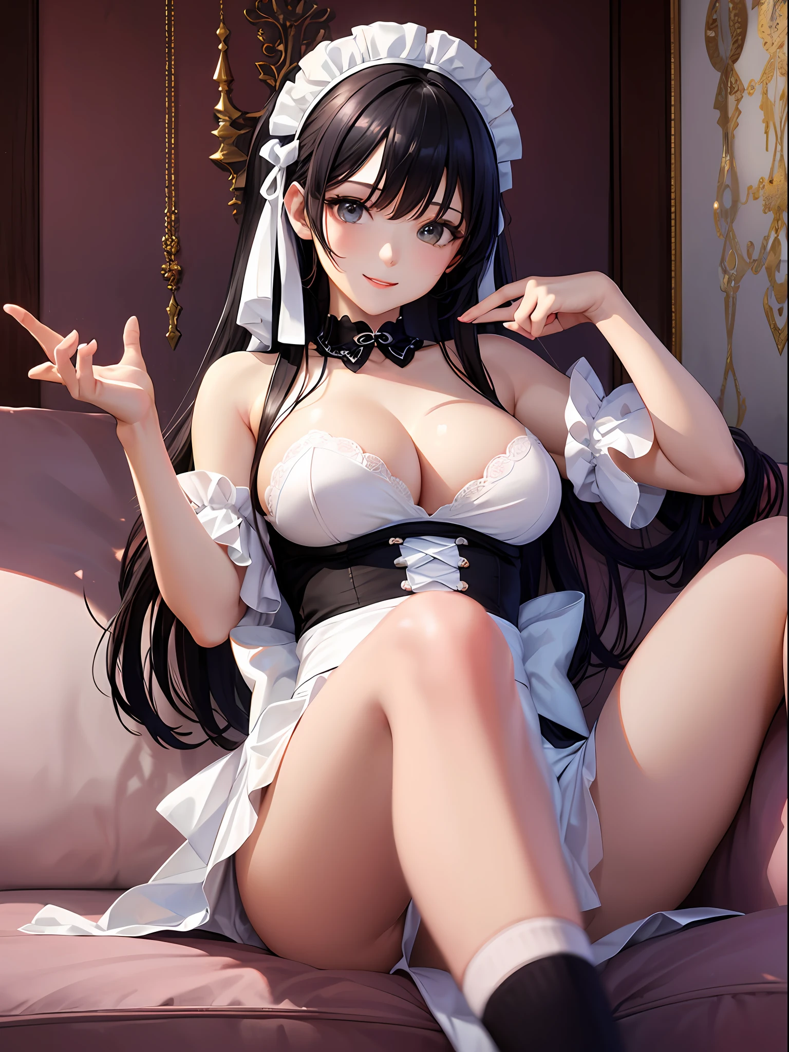 (top-quality: 1.3), (masterpiece: 1.3), (Super Detail: 1.3), (wall-paper, one girls: 1.1)、(Detailed hands and fingers:1.2)、(Detailed ultra-oily shiny skin:1.1)、(Maid costume:1.1)、White Brim、White High Socks、Black hair、Longhaire、Straight hair、Beautiful sister、(ssmile:1.3)、(a house:1.2)、livingroom、(Beautiful Large Breasts:1.3) 、sexypose、Sit on the sofa with your legs open