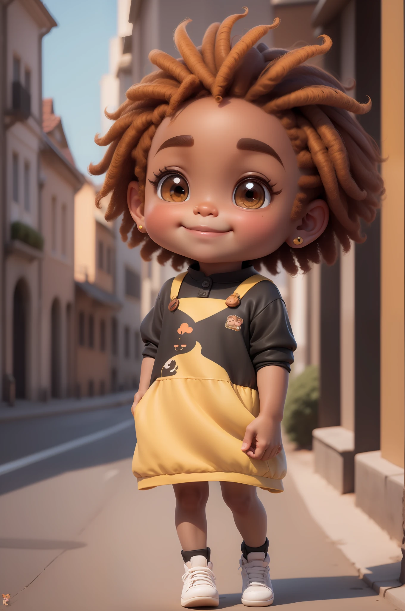Chibi menina cor marrom:2, coffee color:2 queimado pelo sol, feliz de 15 anos pele marrom:1 afro: 1.25 Estilo Pixar: 1.25 afro: 2.40 (((sozinho))) cabelos cacheados: 2.3, (corpo inteiro: 2.32) vestindo vestido floral sapato preto,, Hair messed up by the wind, desenho animado sentada numa rua da cidade, arte digital detalhada bonito, painting digital adorable, Cartoon style illustration, stylized digital illustration, stunning digital illustration, bela arte digital, arte de pintura digital dos desenhos animados, pintura digital dos desenhos animados 3D, Beautiful digital illustration, Arte infantil em Artstation, detailed digital illustration, arte digital detalhada, digital illustation, exquisite digital illustration, 8k, Chibi Digital | |