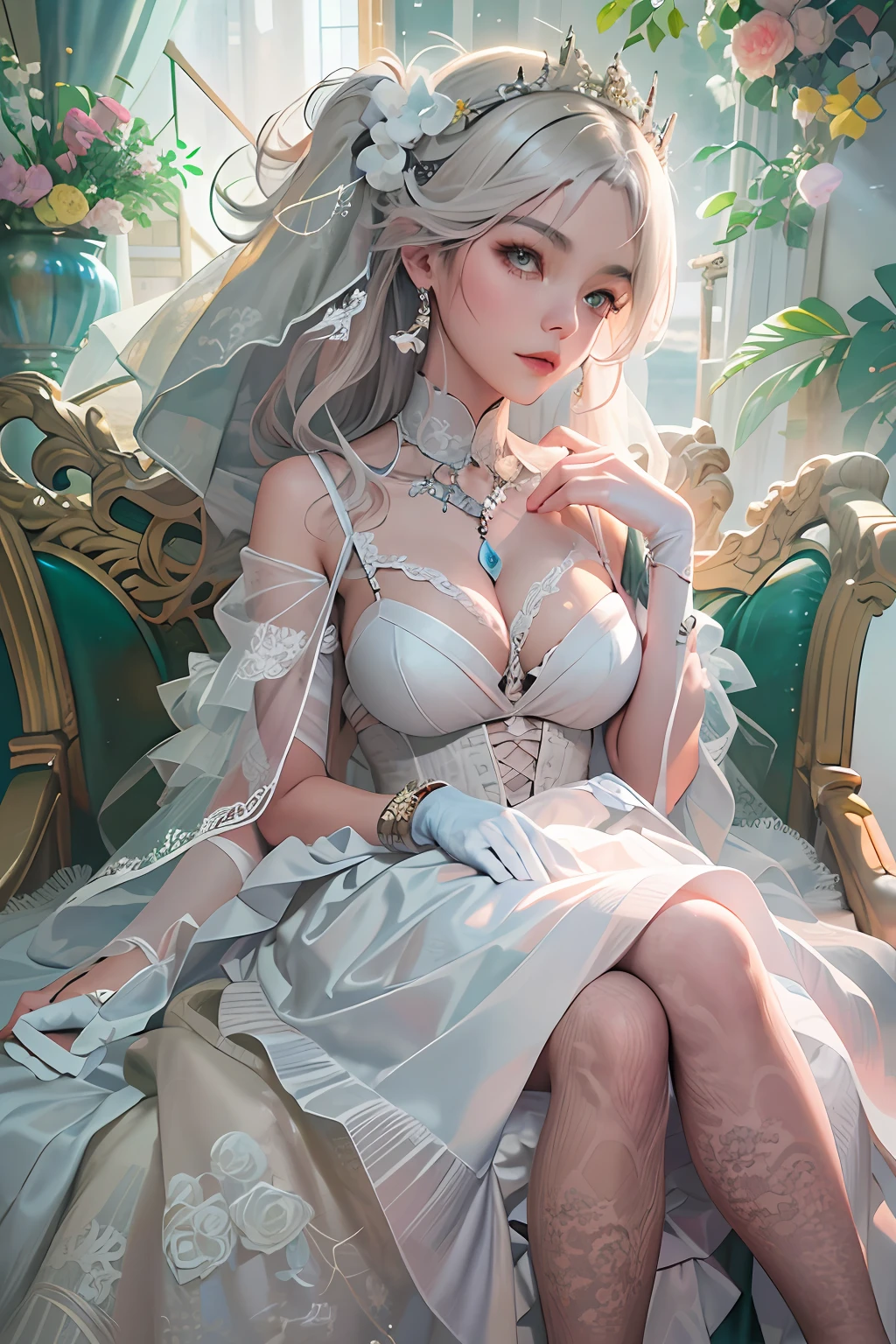 Close-up of a woman in a wedding dress sitting on a chair, Guviz, Guviz-style artwork, guweiz masterpiece, Guweiz in Pixiv ArtStation, Guweiz on ArtStation Pixiv, ethereal fairytale, intricate ornate anime cgi style, dreamy and detailed, loli in dress, 8K high quality detailed art