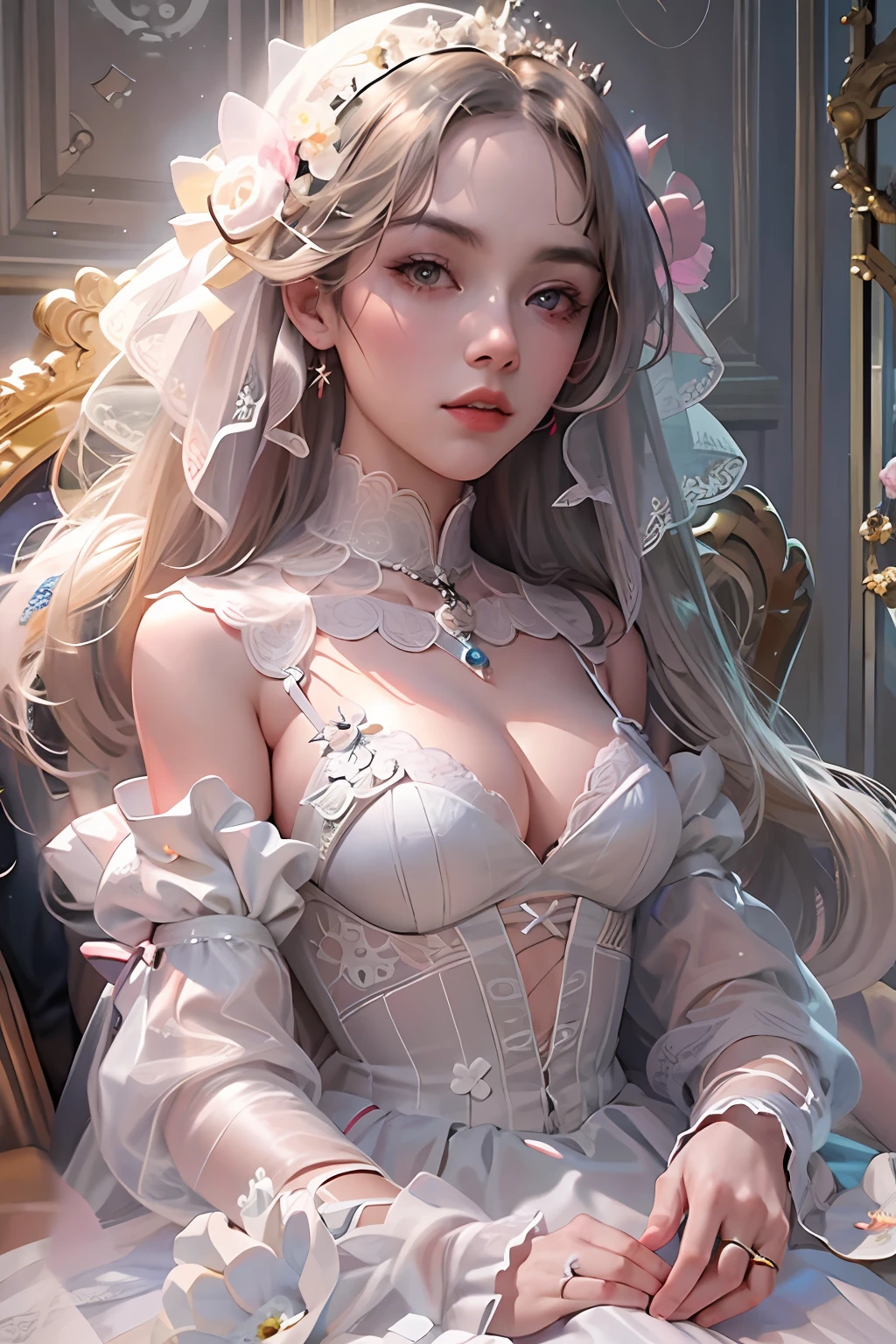 Close-up of a woman in a wedding dress sitting on a chair, Guviz, Guviz-style artwork, guweiz masterpiece, Guweiz in Pixiv ArtStation, Guweiz on ArtStation Pixiv, ethereal fairytale, intricate ornate anime cgi style, dreamy and detailed, loli in dress, 8K high quality detailed art