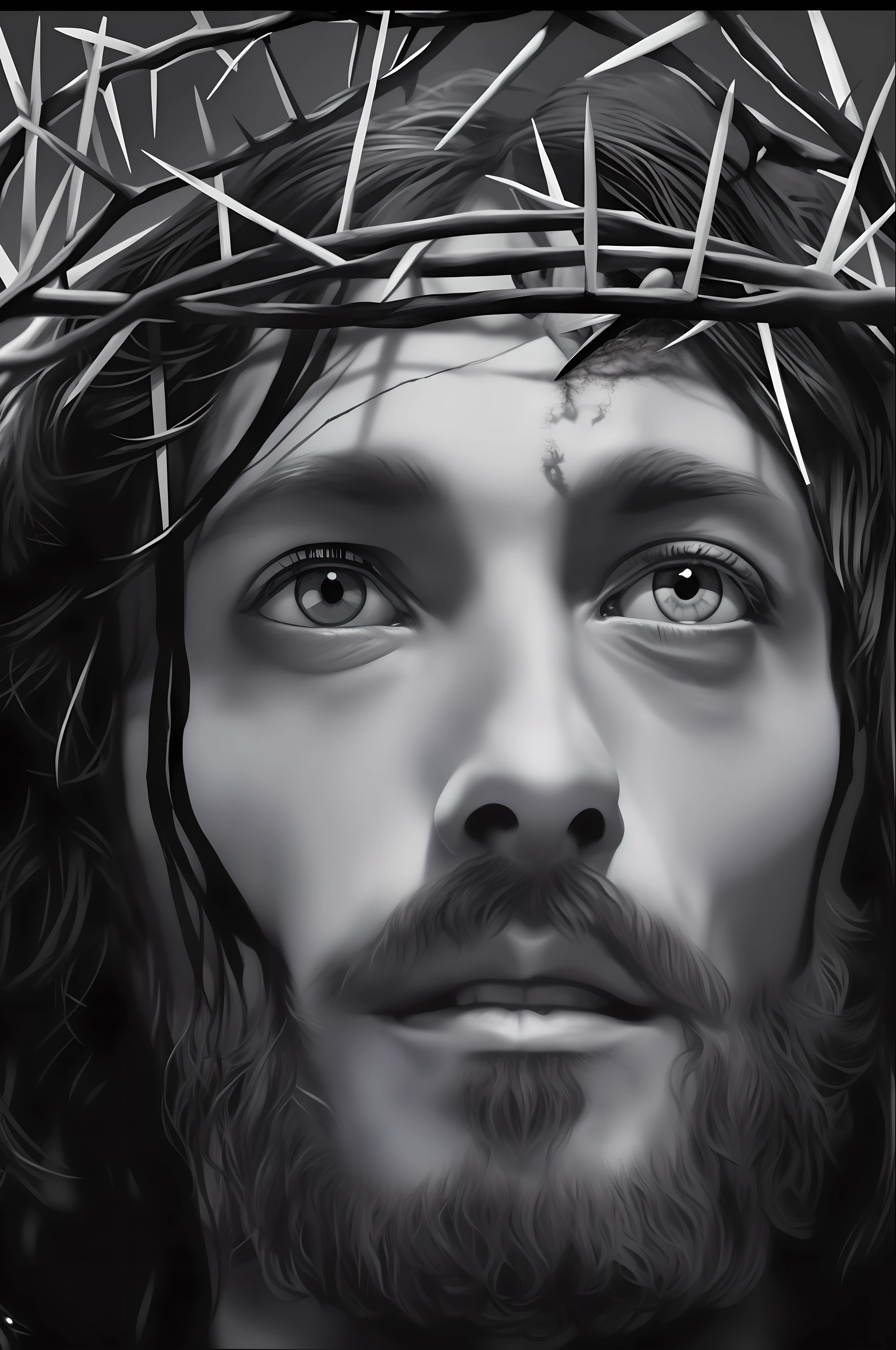 A black and white photo of Jesus with a crown of thorns on his head, rosto de Jesus, jesus of nazareth, Jesus Cristo, Retrato de Jesus Cristo, Jesus, coroa de espinhos, No projeto de Eliot Kohek, Jesus na Cruz, obra-prima muito bonita, Her eyes are closed, ✏️🎨, Jesus Negro, Rei dos Reis, Jesus na Cruz