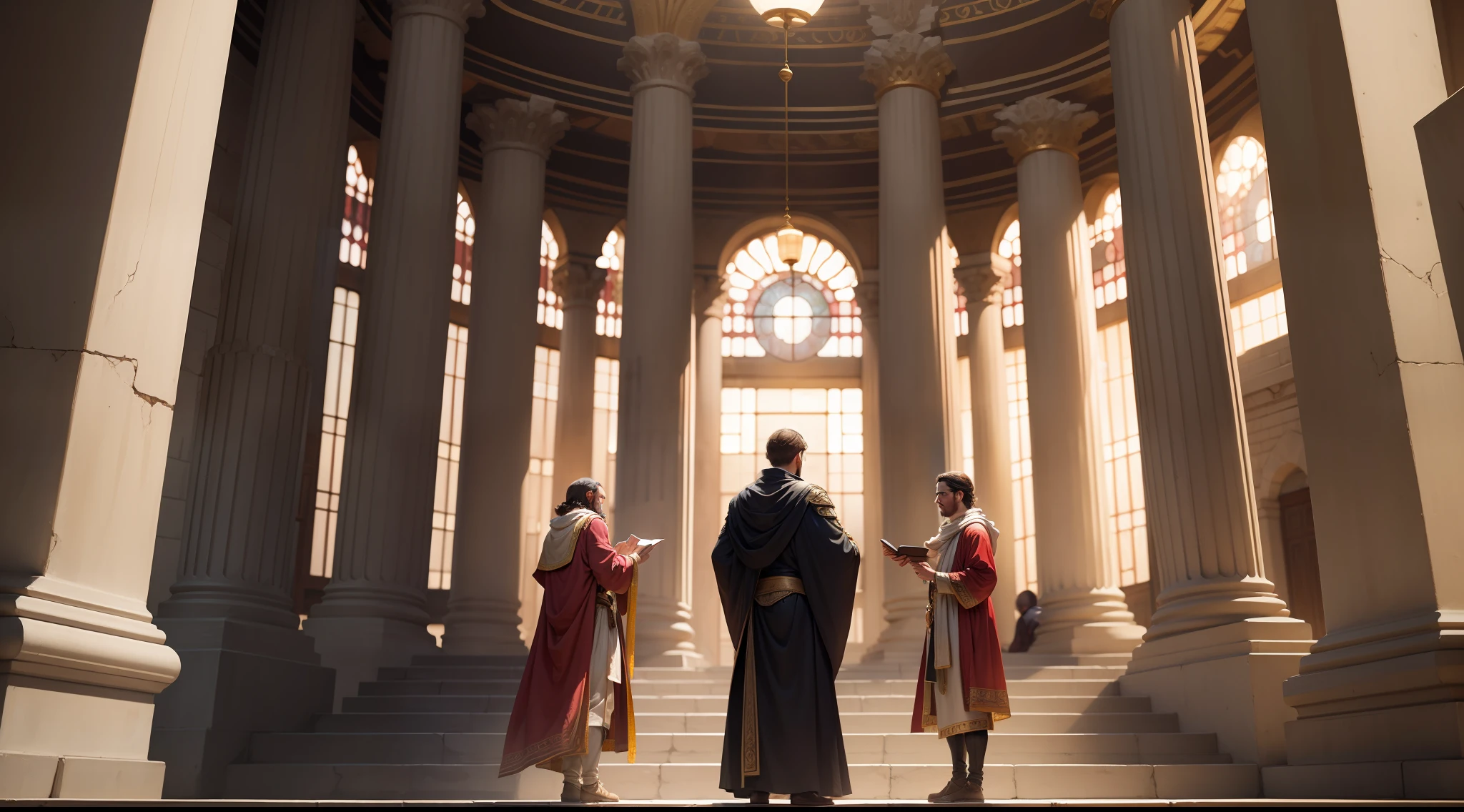 People in the temple observing the Pharisee's behavior with varying reactions.