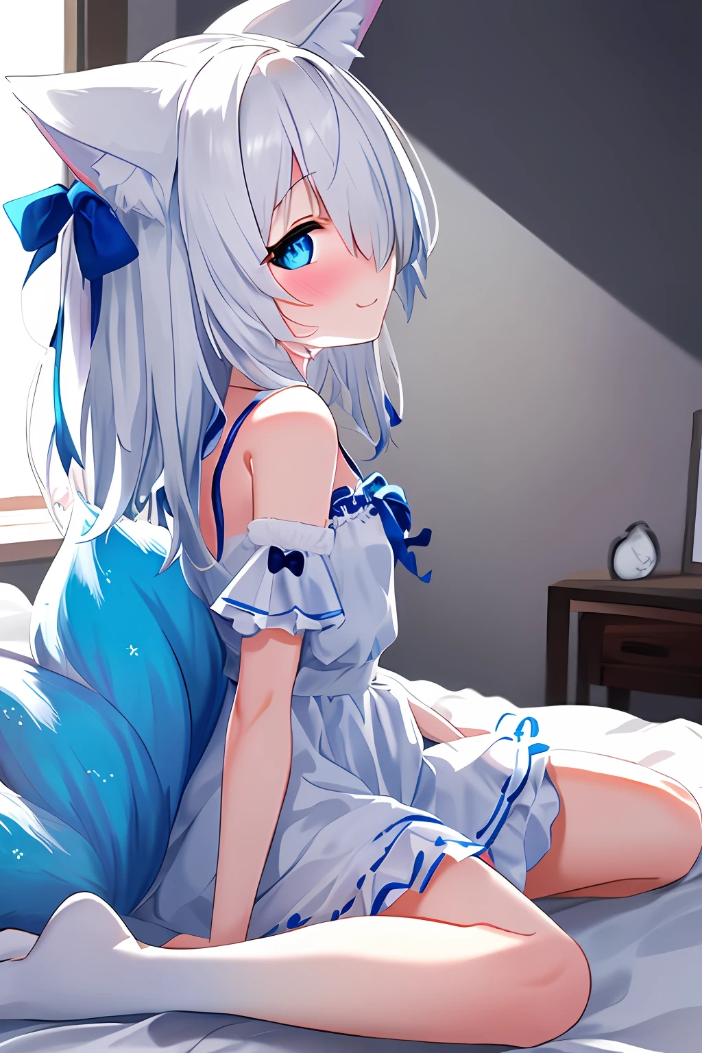 1girl, fox ears, blue eyes, white hair, hair over one eye, from side, pov, sitting, bed sheet, light, nose blush, light smile, white dress, blue bow, sparkle,