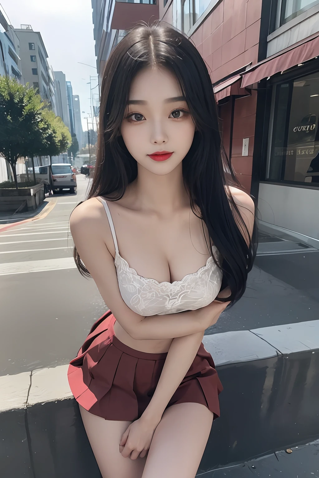 20 Years Old Cute Korean,Large round chest,,camisole,a skirt,beautiful eyes in detail,eyeslashes,beautiful double eyelid,eye shadows,dropping eyes,(Elongated eyes:1.2,Narrow eyes:1.1),detailed realistic hands,detailed realistic fingers,(thin beautiful thighs,Beautiful thin legs),Perfect eye makeup,(((seduct smile,Quiza exterior,Evil expression)),fully body photo:1.2