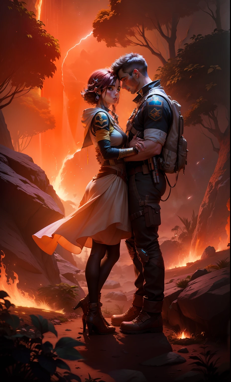 a vibrant cinematic photo of a male human and female halfling adventurer in the jungle, octane rendar, high quality star sailor woman hyperdetailed space transport, dark forbidding planet system 24k photorealistic