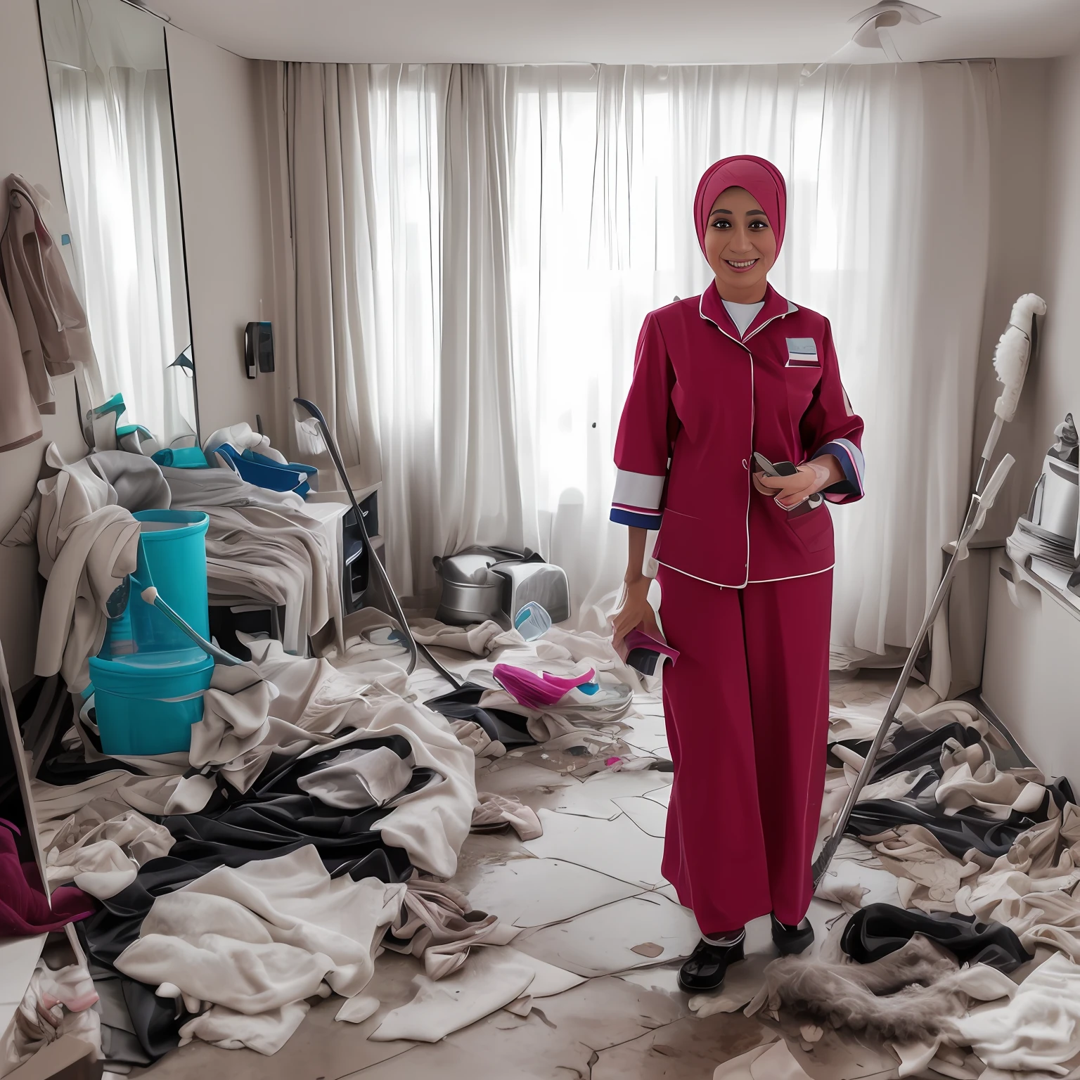 (masutepiece:1.1, Best Quality:1.2), (High resolution:1.1, 32K HDR:1.1), (hijab:1.7, Sexy mature muslim malaysian woman:1.8, 55 years old:1.9, Wrinkles at the corners of the eyes:1.3), (Cleaning a shabby and messy room:1.8, Malaysia Realistic Cleaning Supplies Uniform:1.7), (Full body shot:1.3), hyperdetailed face, Ultra-realistic skin texture, Detailed eyes, ((Perfect figure of two arms, 2 hands and 5 fingers)), (Big breasts:1.1),