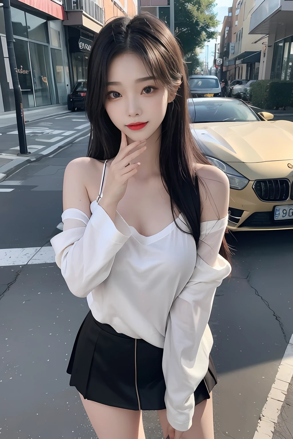 20 Years Old Cute Korean，Large round chest，，camisole，a skirt，beautiful eyes in detail，eyeslashes，beautiful double eyelid，eye shadows，dropping eyes，（Elongated eyes：1.2，Narrow eyes：1.1），detailed realistic hands，detailed realistic fingers，（thin beautiful thighs，Beautiful thin legs），Perfect eye makeup，（（（seduct smile，Quiza exterior，Evil expression）），fully body photo：1.2