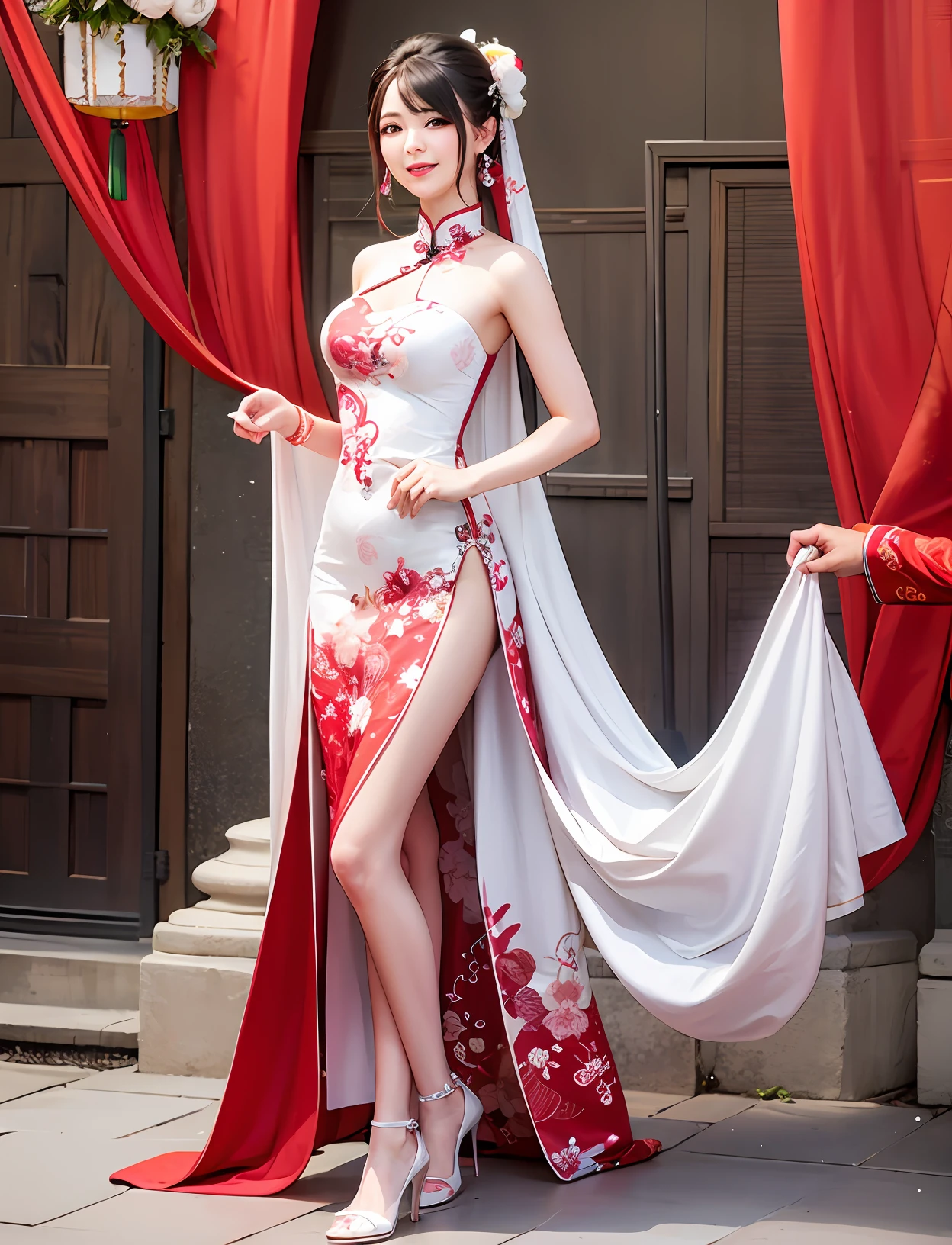 Realistic Chinese Wedding Red & White Full Body Cute Beauty