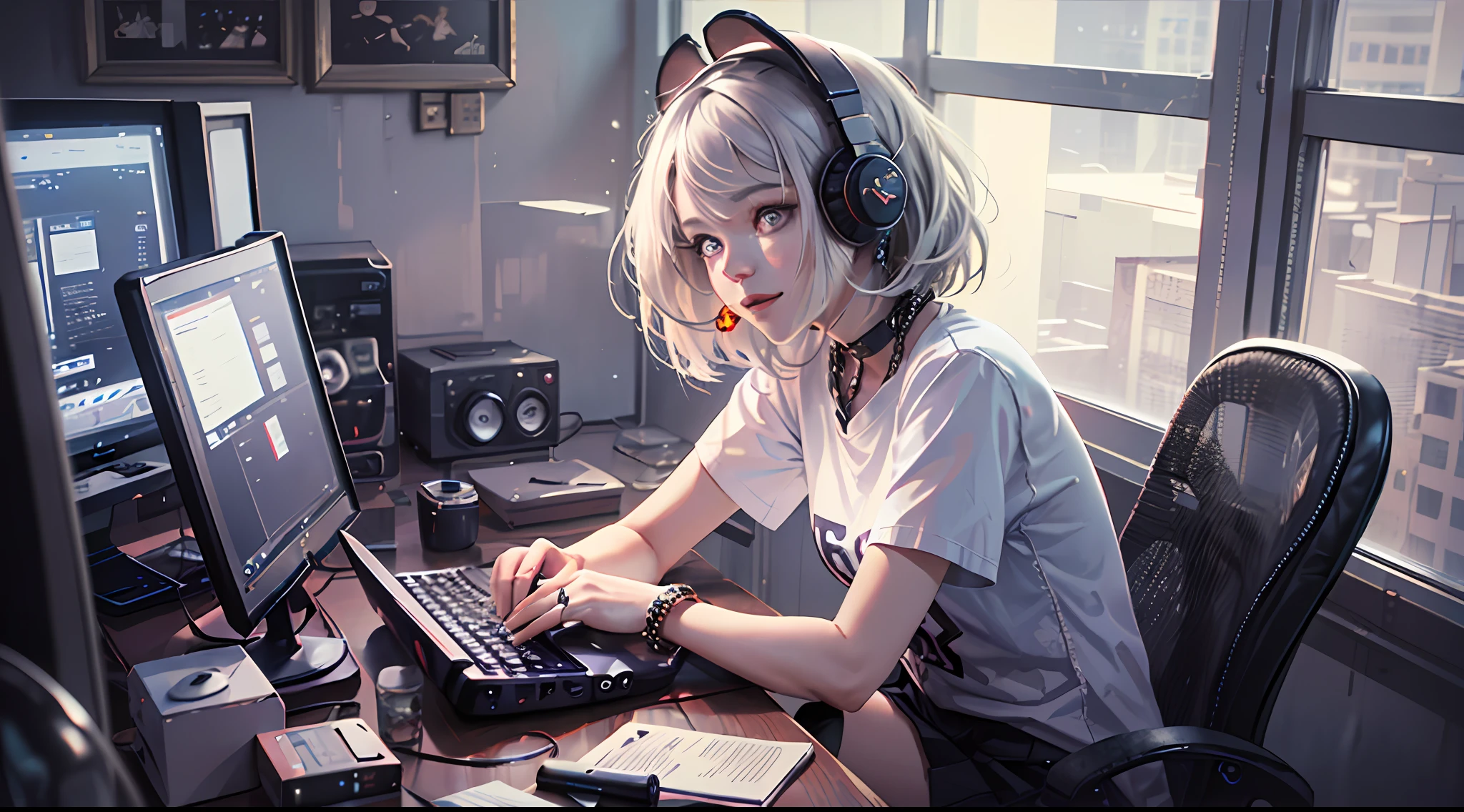 A girl playing with computer in study, White hair, tech-style, Pink, Purple, Blue, monitors, keyboard, notebook, desk work, computer host, mobile phone, Mouse, stereo, Illustration, iphone, Mac, MacBook, AirPods pro, Wireless headphones, Short-sleeved T-shirt, Short skirt, wide-angle lens, (Full body photo), ​masterpiece、(Photorealsitic:1.4)、top-quality、beautiful  lighting、(ulzzang-6500:0.5)、Makima \(chain saw man\)、(Bob hair)+(A dark-haired)+(bangss)、blue eyess、blue eyess、laugh、((Ring-shaped eyes))、RAW Photography、8k UHD、film grains