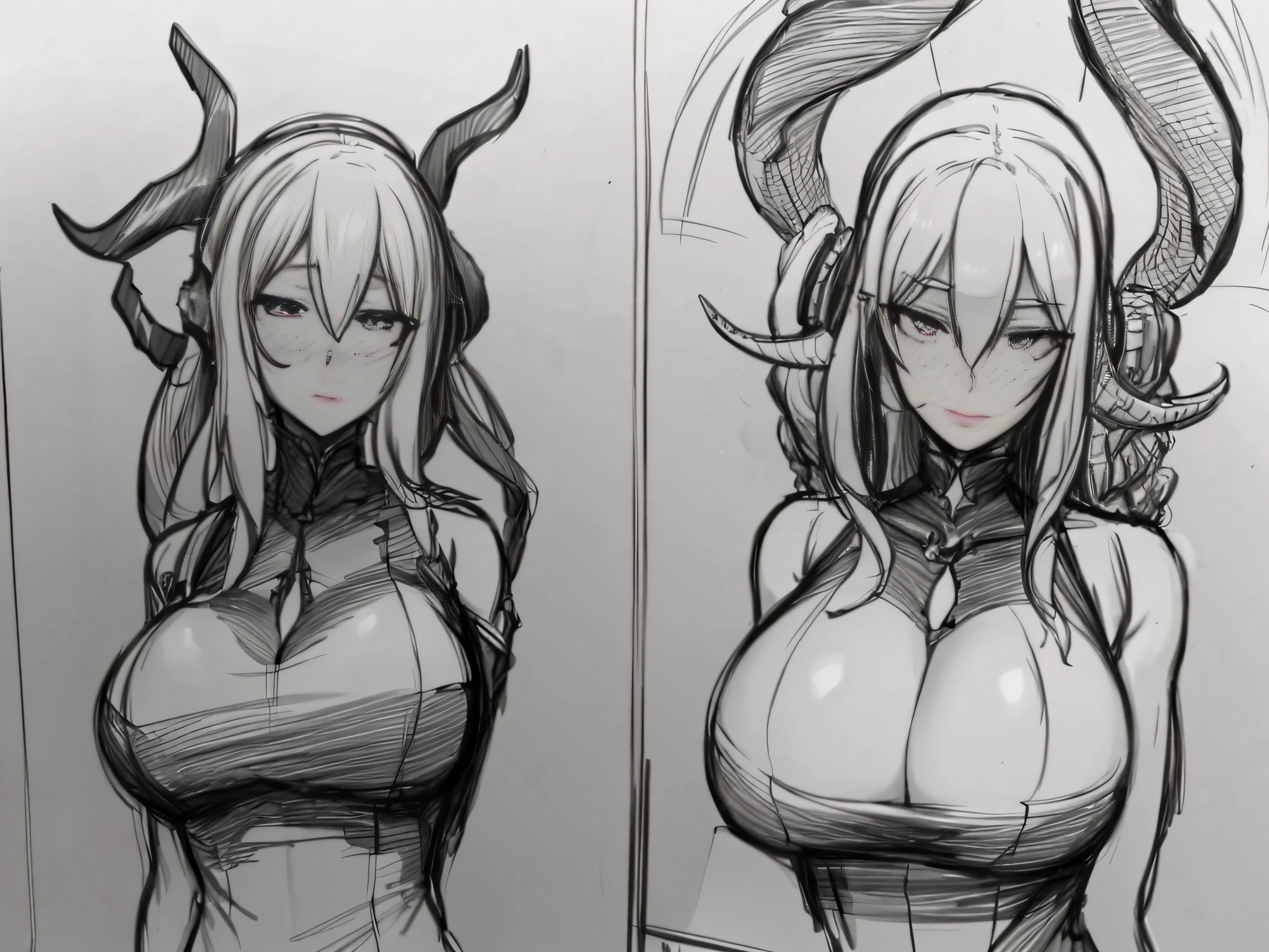 Sketch of a woman with horns and dress, , thick outline, Long tentacles, thick black lineart, Biomechanical OPPAI, flat anime style shading, girl design lush horns, demon anime girl, Horns!, mika kurai demon, hyper contrast well drawn, anime shading, Demon Girl