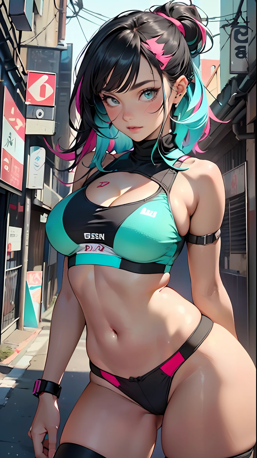 sporty girl with Asian features,(((1girl))),((anime girl with dark hair and turquoise highlights,extremely cute and beautiful walking seductively down the street)),
(large breasts:1.4),saggy breasts,(((Black hair with turquoise streaks:1.35,straight hair,long hair:1.4,colored inner hair,ear breathing))),((heterochromia,eye1 blue,eye2 turquoise,perfect eyes,upturned eyes:1.3,beautiful detailed eyes,finely detailed beautiful eyes:1,big highlight on eyes:1.2,slanted eyes)),((fat)),(((lustrous skin:1.5,bright skin: 1.5,skin tanned,shiny skin,very shiny skin,shiny body,plastic glitter skin,exaggerated shiny skin))),(spider lower abdomen,narrow waist,wide hip,athletic body,inflated legs,delicate detailed fingers,detailed body,detailed arms,human hands,(detailed face)),
cute,slutty,seductive,erotic,(((nsfw))),
zettai ryouiki,revealing clothing,show skin,((((underboob)))),(((small magenta sports bra,sport thong,visible thong straps))),(wearing a sport outfit:1.3,sport clothes,semi-naked,with little clothing,),(detailed outfit,detailed clothes),
(dynamic pose:1.0),embarrassed,centered,scale to fit dimensions,Rule of thirds,
outdoors,((night view)),(cyberpunk night street Background: 1.5,dark sky,alleyway,lonely alley,thick clouds,detailed background:1.25),
(best quality),(high resolution),(sharp focus),(ultra detailed),(extremely detailed),(extremely high quality artwork),8k_wallpaper,(extremely detailed CG 8k),(very fine 8K CG),((hyper super ultra detailed perfect piece)),flawless,(((masterpiece))),illustration,vibrant colors,(intricate),High contrast,Selective lighting,Double exposure,HDR (High Dynamic Range),Post-processing,Background blur,