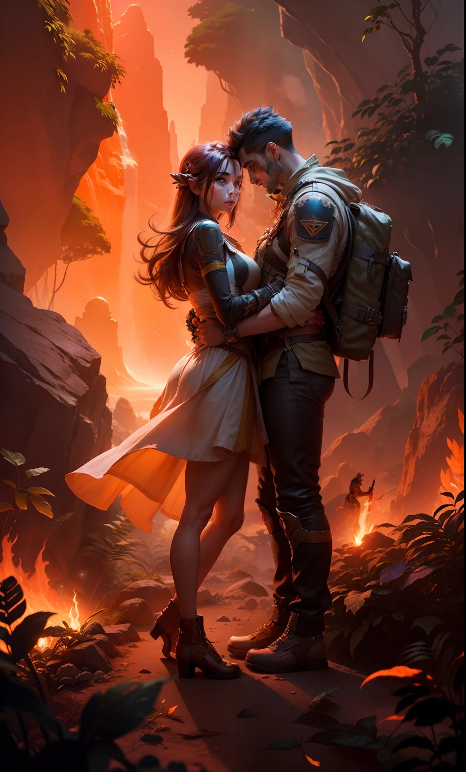 a vibrant cinematic photo of a male human and female halfling adventurer in the jungle, octane rendar, high quality star sailor woman hyperdetailed space transport, dark forbidding planet system 24k photorealistic