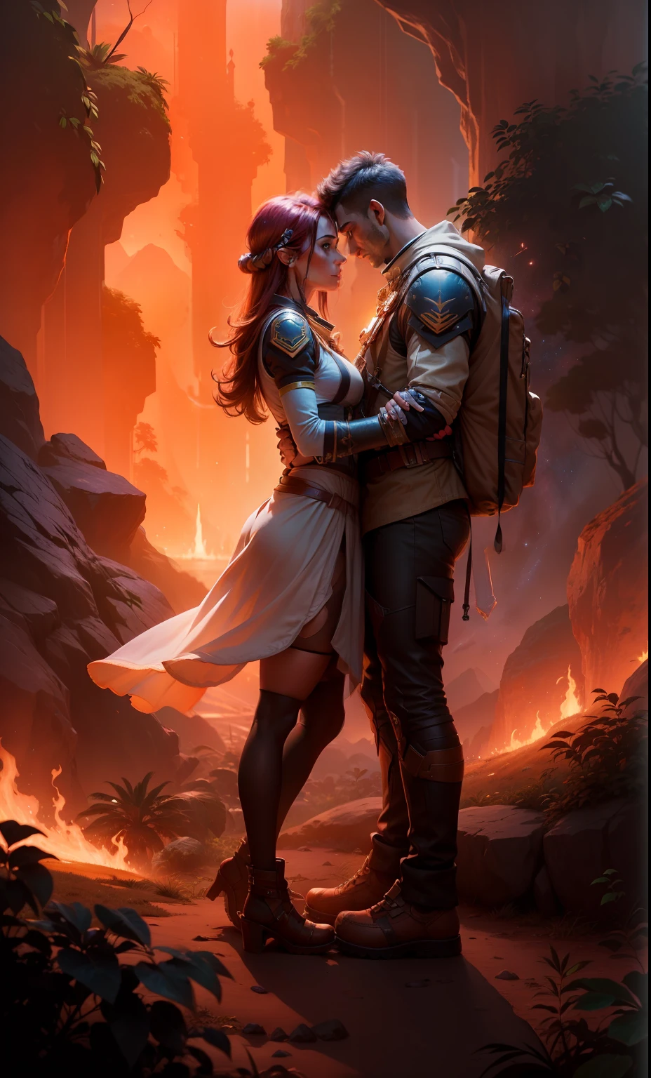 a vibrant cinematic photo of a male human and female halfling adventurer in the jungle, octane rendar, high quality star sailor woman hyperdetailed space transport, dark forbidding planet system 24k photorealistic