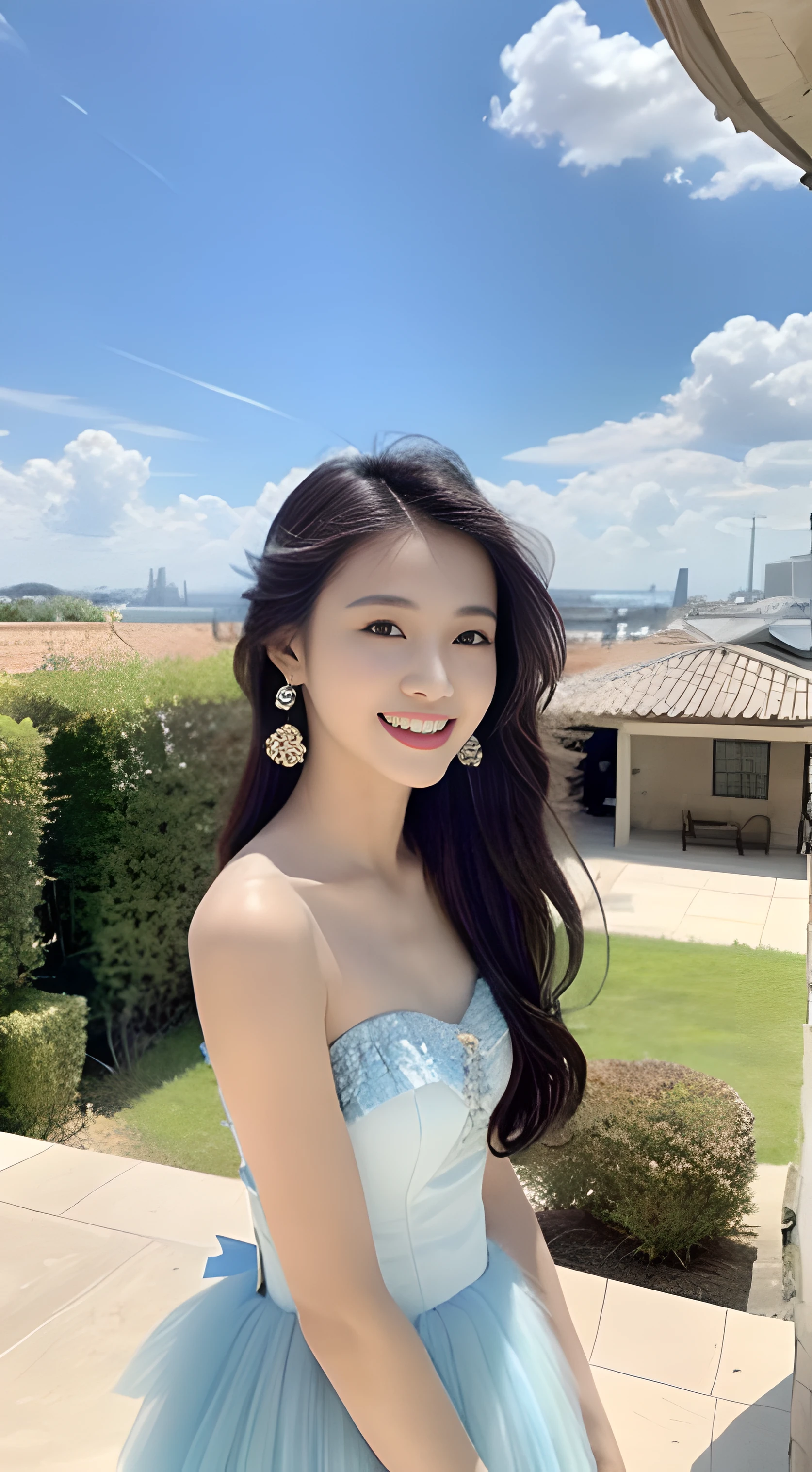 A young and beautiful,Beautiful cute girl，half-body photo。Extremely beautiful and delicate，Black color hair，A sweet smile，Delicate and beautiful fair skin，Realistic and realistic，exquisite and complete facial features，Detailed depiction of the face，tall nose bridge，Smooth hair，extremely detail hair，Feminine temperament，with a well-proportioned body，Realiy，White teeth，Tied up with hair，Hyper-realism，sandals，Extreme picture quality,Highest precision,Precise and perfect human anatomy。with blue sky and white clouds，rays of sunshine，(Tutu dress)（telephoto shot，）Express the landscape，Bathroom scene，Highlight portrait。Wearing earrings，Sideways photo