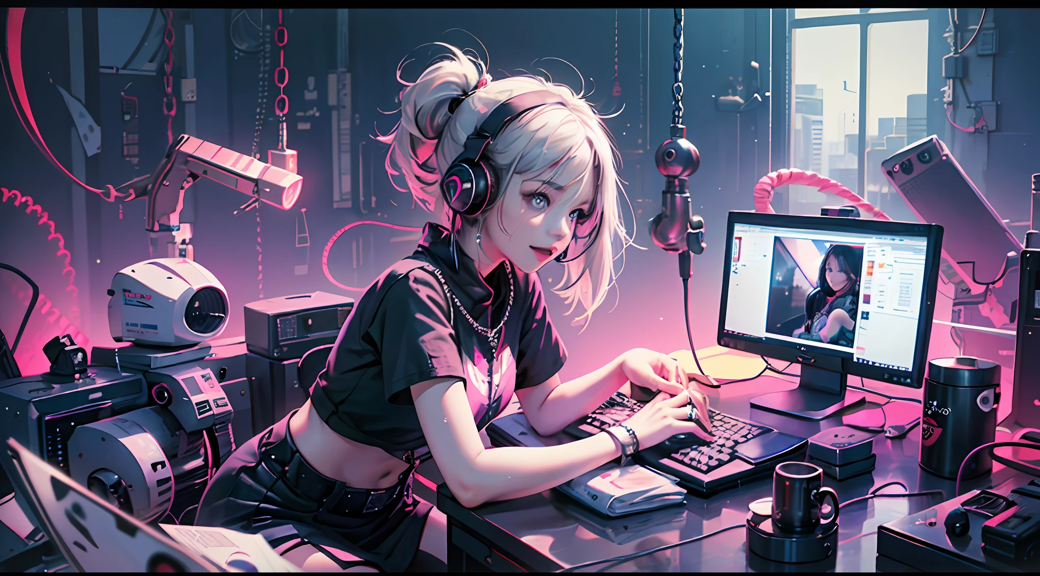 A girl playing with computer in study, White hair, tech-style, Pink, Purple, Blue, monitors, keyboard, notebook, desk work, computer host, mobile phone, Mouse, stereo, Illustration, iphone, Mac, MacBook, AirPods pro, Wireless headphones, Short-sleeved T-shirt, Short skirt, wide-angle lens, (Full body photo), ​masterpiece、(Photorealsitic:1.4)、top-quality、beautiful  lighting、(ulzzang-6500:0.5)、Makima \(chain saw man\)、(Bob hair)+(A dark-haired)+(bangss)、blue eyess、blue eyess、laugh、((Ring-shaped eyes))、RAW Photography、8k UHD、film grains