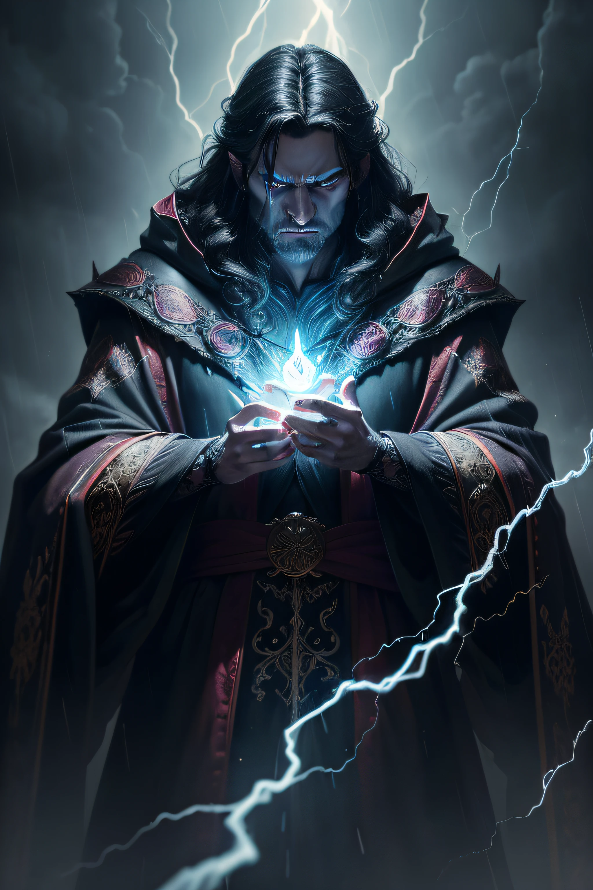 ((best quality)), ((masterpiece)), ((ultra realistic)), beautiful intricately detailed soft oil painting of a looming dark lord, 1man, evil mage with glowing eyes, frowning detailed face, intricately embroidered robes, terrifying, dark, evil castle on a stormy night, lightening, rain, casting a spell, (comic style), glowing rainbow colored magic,