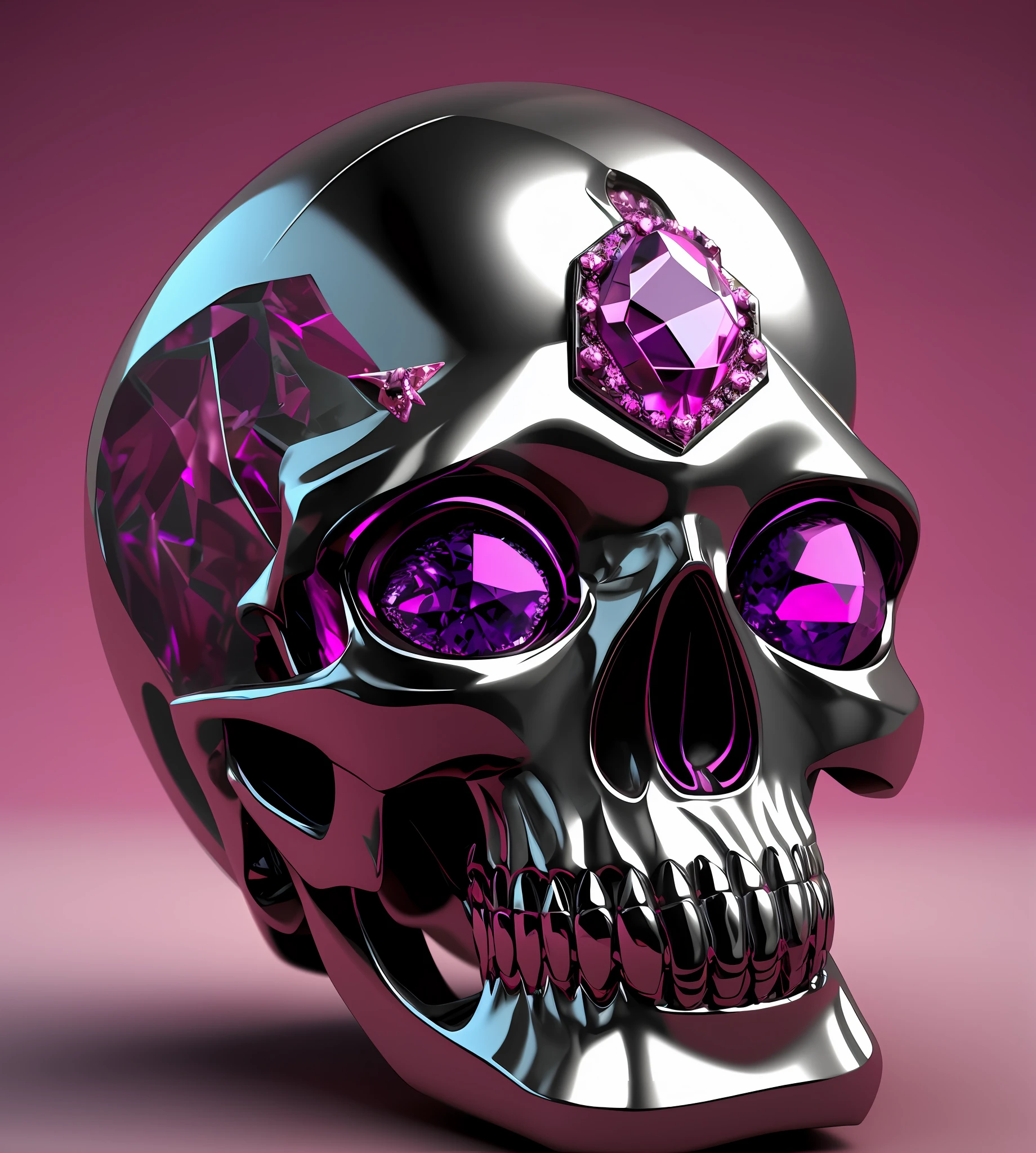 Polished silver skull with a beautiful pink diamond on top and eyes with cut purple stones, imagem realista, detalhes intrincados, arte conceitual, master part, renderizado em cinema 4 d, renderizado em cinema4d, precious metal skull, renderizado em cinema 4 d octane, renderizado em keyshot, piece of jewelry, obra-prima, detalhes intrincados, 3d renderizado em octanagem, 3 d renderizado em octanagem, renderizado em octane render 32k, Renderizado em Octane 3D, rendering of conceptual and also digital art