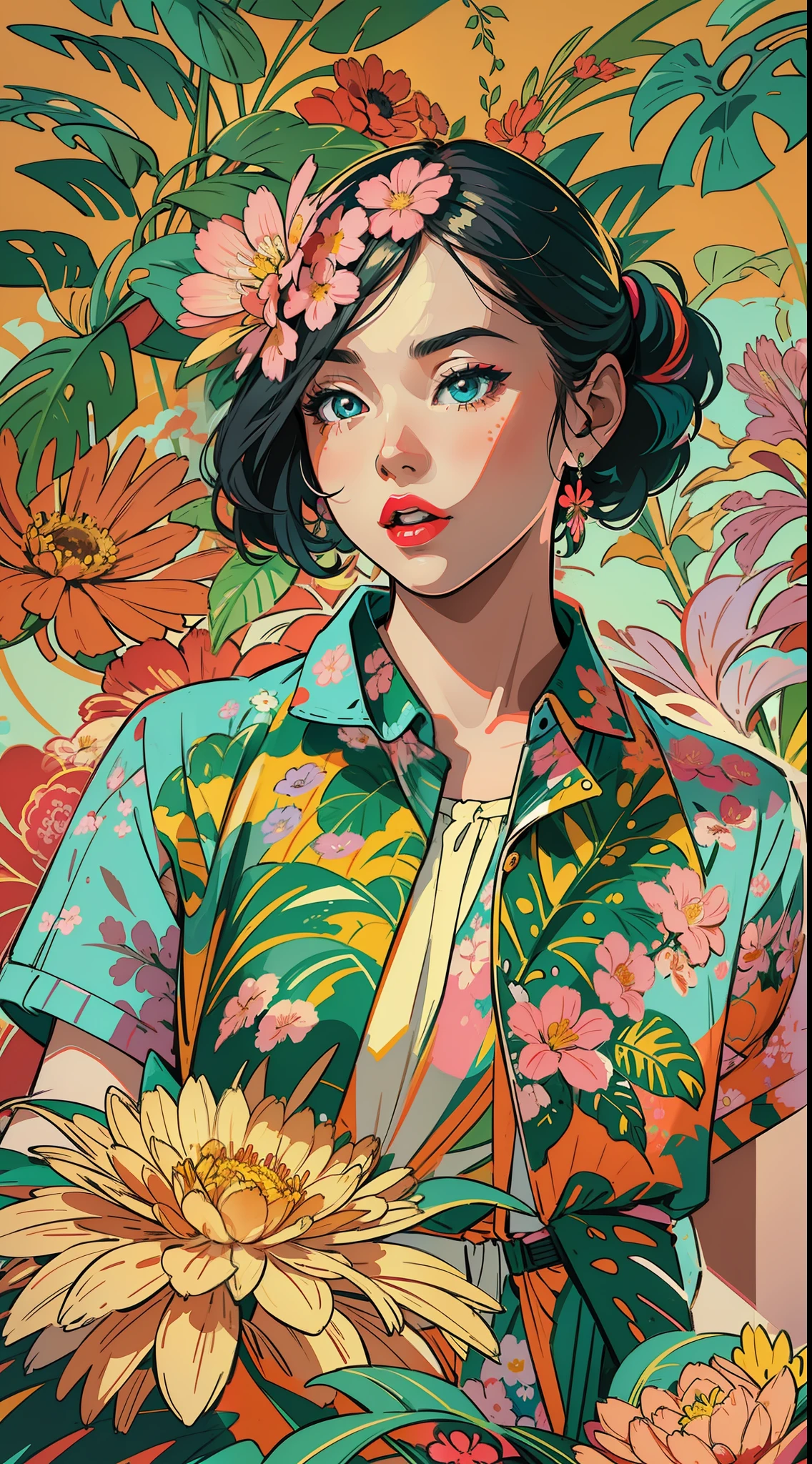 Create a digital art work in pop art style, featureing a vibrant and confident asian young girl with street fashion, cinematic color scheme, surrounded by vintage flowers patterns, energtic brushstrokes,the mood should be dynamic, upper body, drawing, illustration, tropical, many flowers,