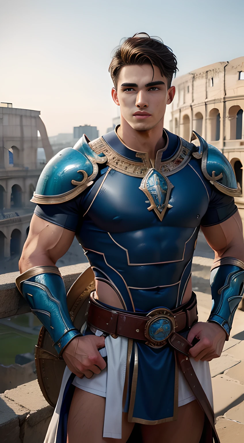 ((Men only)), (Cowboy Shot), (Tanned handsome muscular male gladiator in his 20s), Tied up warrior with chiseled physique, Dressed in formidable blue armor, Exude strength and determination in every stance, (Ancient Roman Colosseum in the background), (Pietro Boselli), Mischievous smile, (detaile: 1 in 1), Natural muscles, HIG quality, beautidful eyes, (Detailed face and eyes), (Face、: 1 / 2), Noise, Real Photographics、... .............................................................................................................PSD, Sharp Focus, High resolution 8K, realisitic & Professional Photography, 8K UHD, Soft lighting, High quality, Film grain, FujifilmXT3