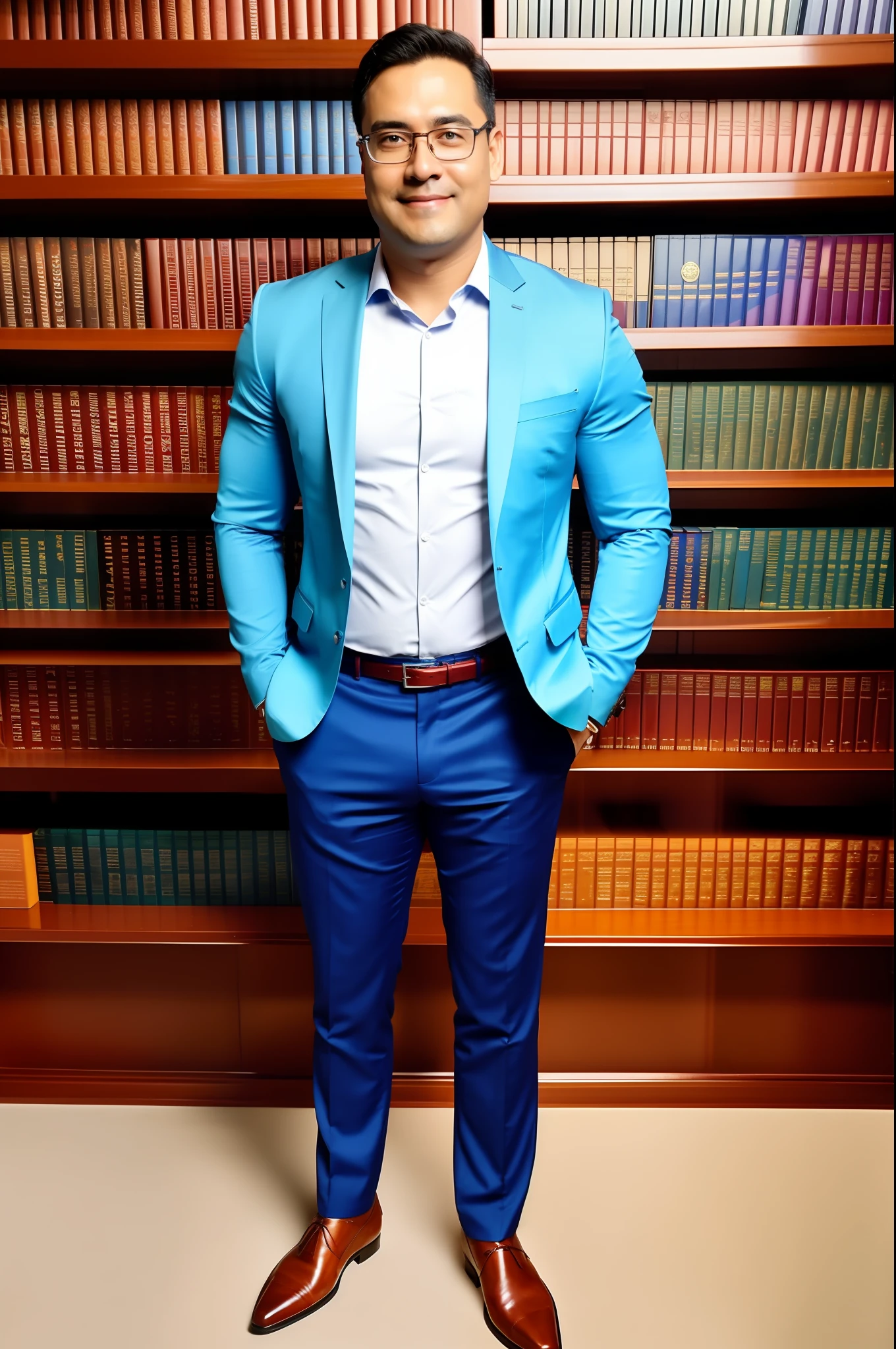 Man in black suit and red shoes standing in front of a bookshelf, terno azul, teal suit, vestindo um terno azul claro, vestindo um terno masculino colorido, full body photogenic shot, terno dourado azul, vestido com um terno jodhpuri, vestindo um terno masculino elegante, foto de retrato de corpo inteiro, vestido de azul, terno maximalista moderno