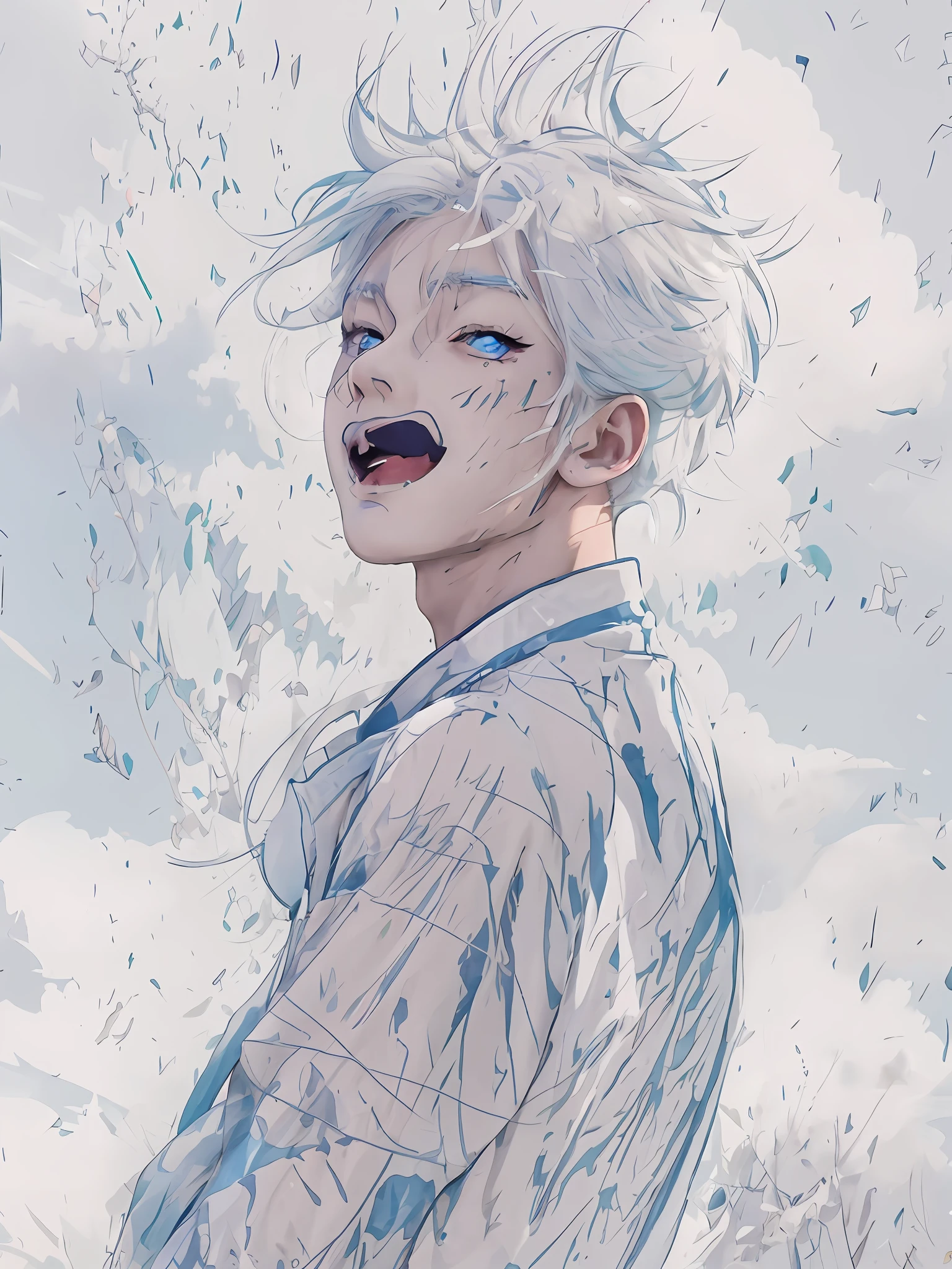 Anime boy with white hair and blue eyes standing in the rain, Guweiz in Pixiv ArtStation, Anime boy, Guweiz on ArtStation Pixiv, messy wavy white hair, zerochan art, Guviz-style artwork, white hair floating in air, nevando, trending on artstation pixiv, white haired Cangcang
