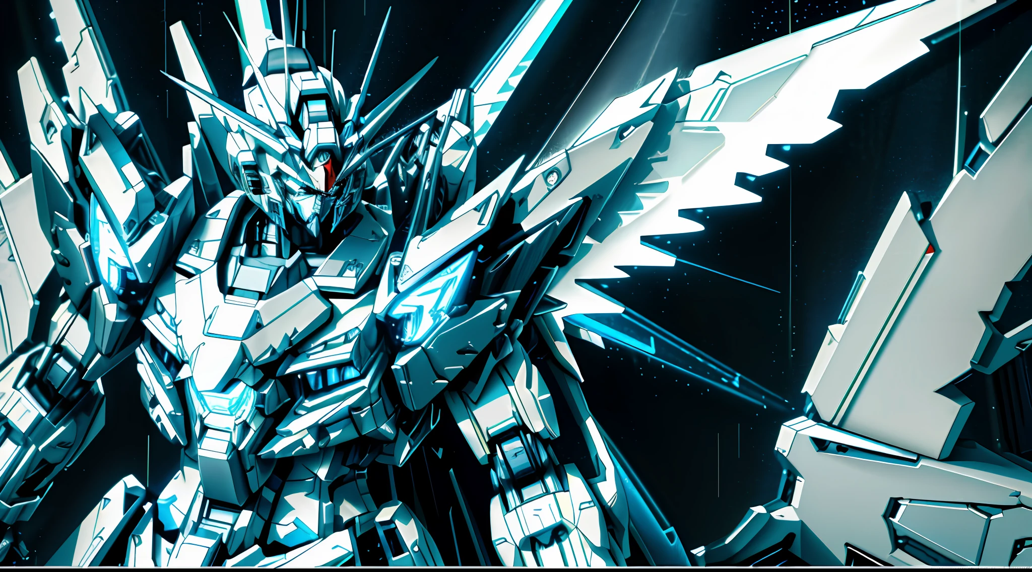 Gundam style Very rich mechanical details 8kcg wallpaper Mechanical wings Battle damage Master masterpiece Realistic style Close up Light blue lightwing PR rendering Humanoid mech Extreme detail Gundam side face Gloomy sky Rain standing in the center Outer armor with very rich mechanical details