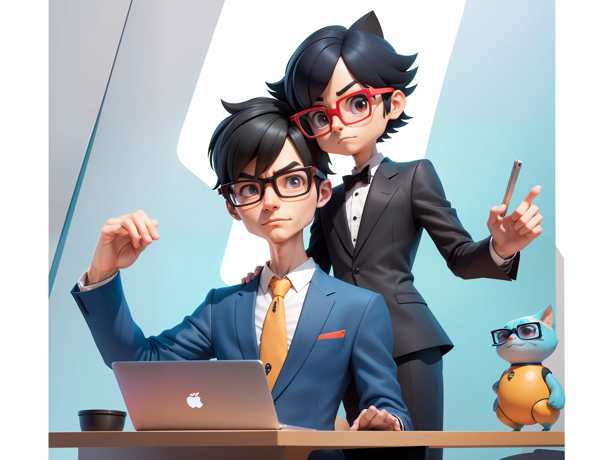 A young man in a suit, Short hair and glasses sat at his desk,holding laptop,digitial painting,tigre,3D character design by Mark Clairen and Pixar and Hayao Miyazaki and Akira Toriyama,4K HD illustration,Very detailed facial features and cartoon-style visuals。