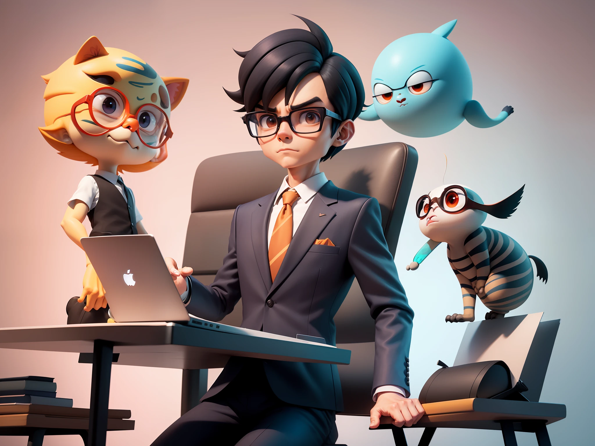 A young man in a suit, Short hair and glasses sat at his desk，holding laptop，digitial painting，tigre，3D character design by Mark Clairen and Pixar and Hayao Miyazaki and Akira Toriyama，4K HD illustration，Very detailed facial features and cartoon-style visuals。