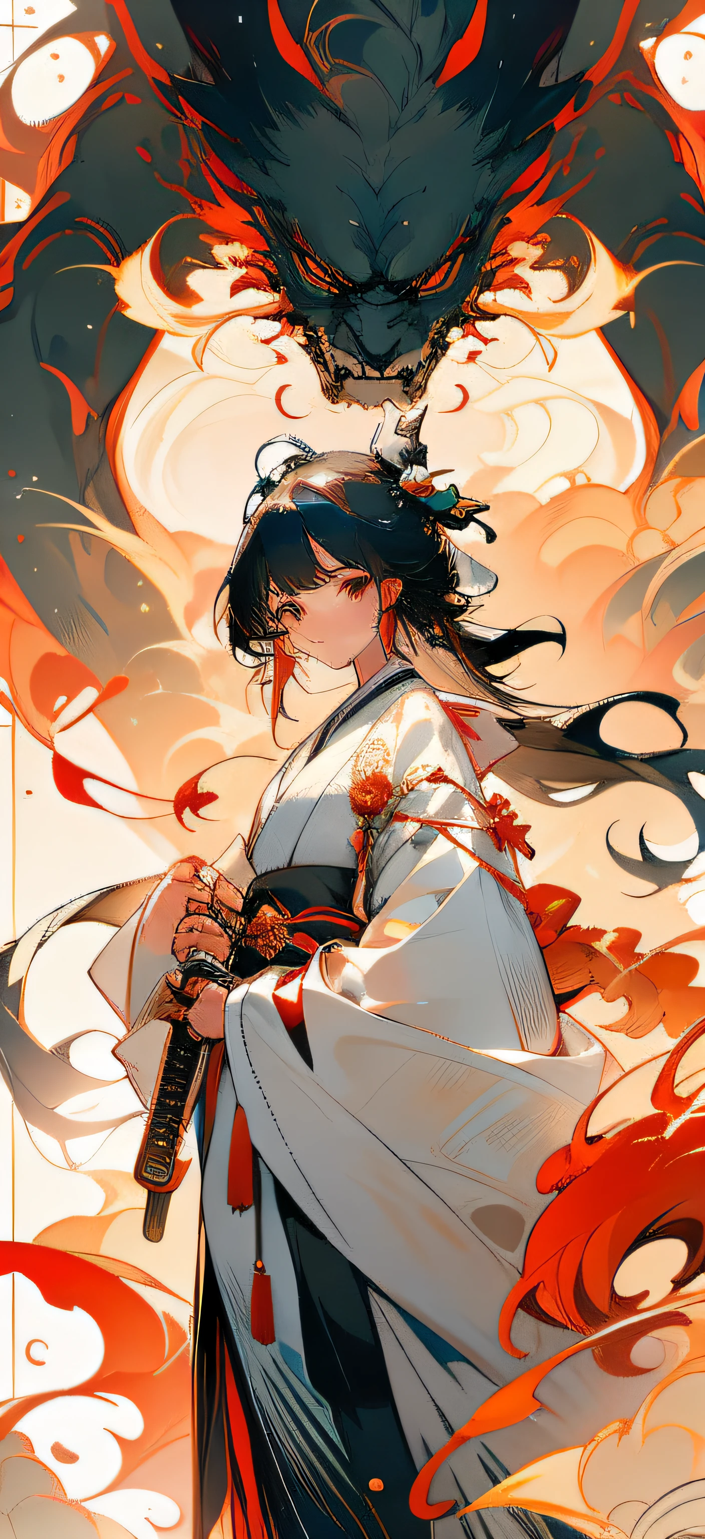 Anime girl holding a sword in front of a group of people, flowing white robe, White Hanfu, by Yang J, Onmyoji detailed art, Guviz-style artwork, full-body wuxia,