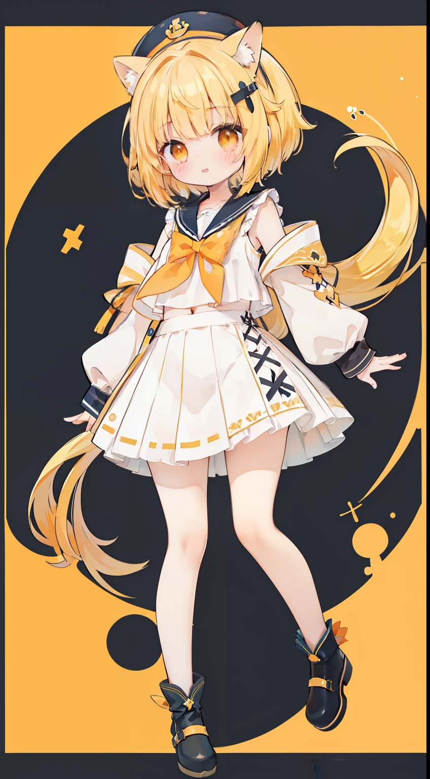 Standing picture、full body Esbian、One girl、masterpiece、Top image quality、top-quality、cute little、Yellow hair、long pony tail、Lightning mark ornament、Orange eyes、masterpiece、top-quality、Top image quality、Sailor One Piece、