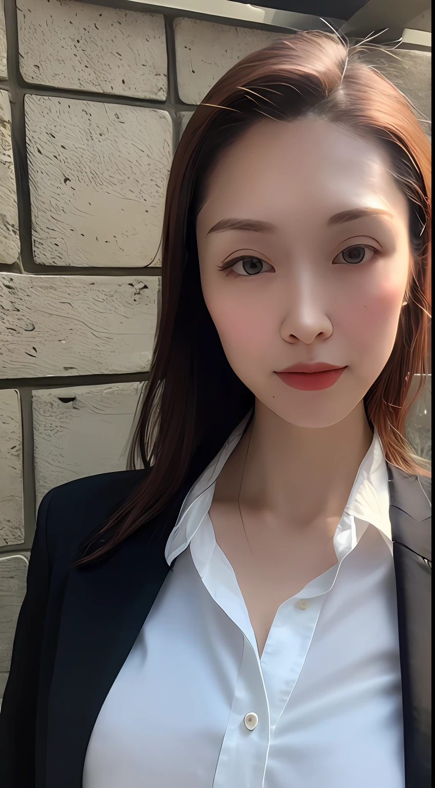(masterpiece, best quality), soothing tones, muted colors, high contrast, natural skin texture, soft light, sharp, looking at viewer, Nature soft drop breasts, pale skin, transparent and delicate face, bare face, without makeup, nsfw,
cement brick wall background ,old cement wall background, half body photo, dark theme ,(business shirt:1.2), open shirt,
