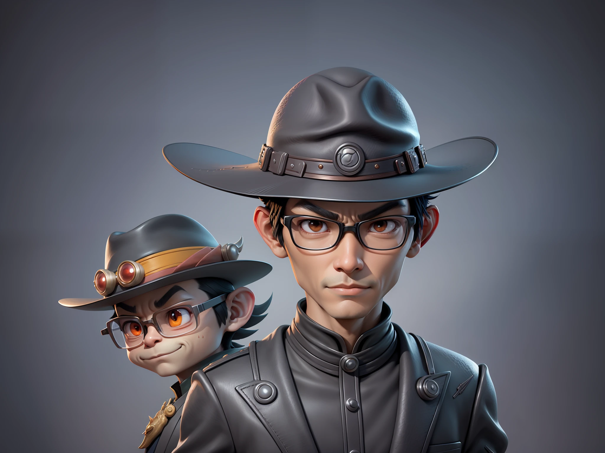 Young man with oriental face in leather hat, dragon, formal suit, short black hair, silver glasses, digital painting, 3D character design by Mark Clairedon and Pixar and Hayao Miyazaki and Akira Toriyama, the illustration is a high-definition illustration in 4K resolution with very detailed facial features and cartoon-style visuals.