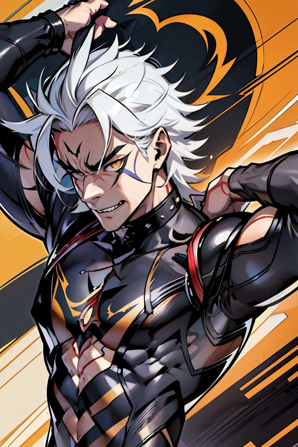 《the original god》Arataki Kazuto , male people, chest muscle, Sexy , Venom symbiote for your body, Black mucus of the body , into venom, venomize,Black bodysuit,Abs,(Adult male)((Venom possession,venom symbiote)),((Masterpiece)), ((Best quality)), Ultra detailed,((illustration)), Dynamic Angle, Detailed light, (Delicate eyes), Floating, 1boy, Male focus, Head, Clothing, Yellow eyes, necklace, tattoo, (Forehead:0.8), (ahoge:0.8), jewelry, whaite hair,apathy,Ray, chest muscle, Sexy , Venom symbiote for your body, Black mucus of the body , (into venom), Venom,frontage,Bust photo,White tight-fitting top,spiderman outfit,style of anime4 K, 4K anime wallpaper, Badass anime 8 K, 4 k comic wallpaper, young anime man, Anime boys, Anime wallpapers 4 k, Anime wallpaper 4K, High quality anime art style, Anime moe art style, Anime art wallpaper 8 K, Anime art wallpaper 4 K, RGB lighting,