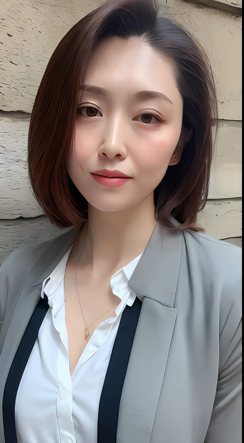 (masterpiece, best quality), soothing tones, muted colors, high contrast, natural skin texture, soft light, sharp, looking at viewer,  Nature soft drop breasts, pale skin, transparent and delicate face, bare face, without makeup, nsfw,
cement brick wall background ,old cement wall background, half body photo, dark theme ,(business shirt:1.2), open shirt,