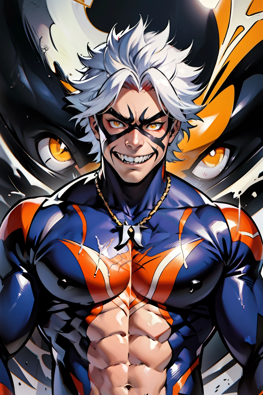 《the original god》Arataki Kazuto , male people, chest muscle, Sexy , Venom symbiote for your body, Black mucus of the body , into venom, venomize,Black bodysuit,Abs,(Adult male)((Venom possession,venom symbiote)),((Masterpiece)), ((Best quality)), Ultra detailed,((illustration)), Dynamic Angle, Detailed light, (Delicate eyes), Floating, 1boy, Male focus, Head, Clothing, Yellow eyes, necklace, tattoo, (Forehead:0.8), (ahoge:0.8), jewelry, whaite hair,apathy,Ray, chest muscle, Sexy , Venom symbiote for your body, Black mucus of the body , (into venom), Venom,frontage,Bust photo,White tight-fitting top,spiderman outfit,style of anime4 K, 4K anime wallpaper, Badass anime 8 K, 4 k comic wallpaper, young anime man, Anime boys, Anime wallpapers 4 k, Anime wallpaper 4K, High quality anime art style, Anime moe art style, Anime art wallpaper 8 K, Anime art wallpaper 4 K, RGB lighting,
