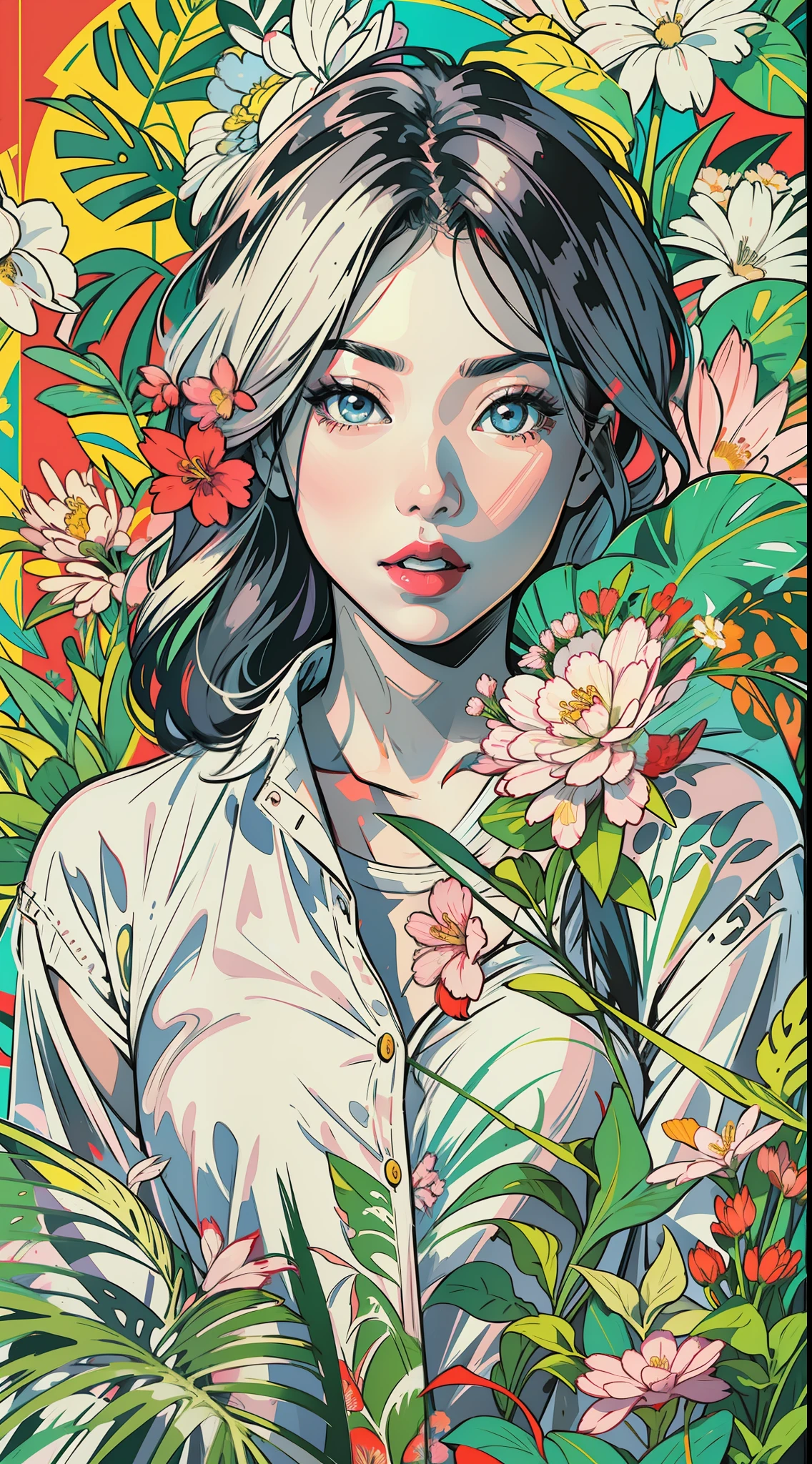 Create a digital art work in pop art style, featureing a vibrant and confident asian young girl with street fashion, cinematic color scheme, surrounded by vintage flowers patterns, energtic brushstrokes,the mood should be dynamic, upper body, drawing, illustration, grayscale, tropical, many flowers,